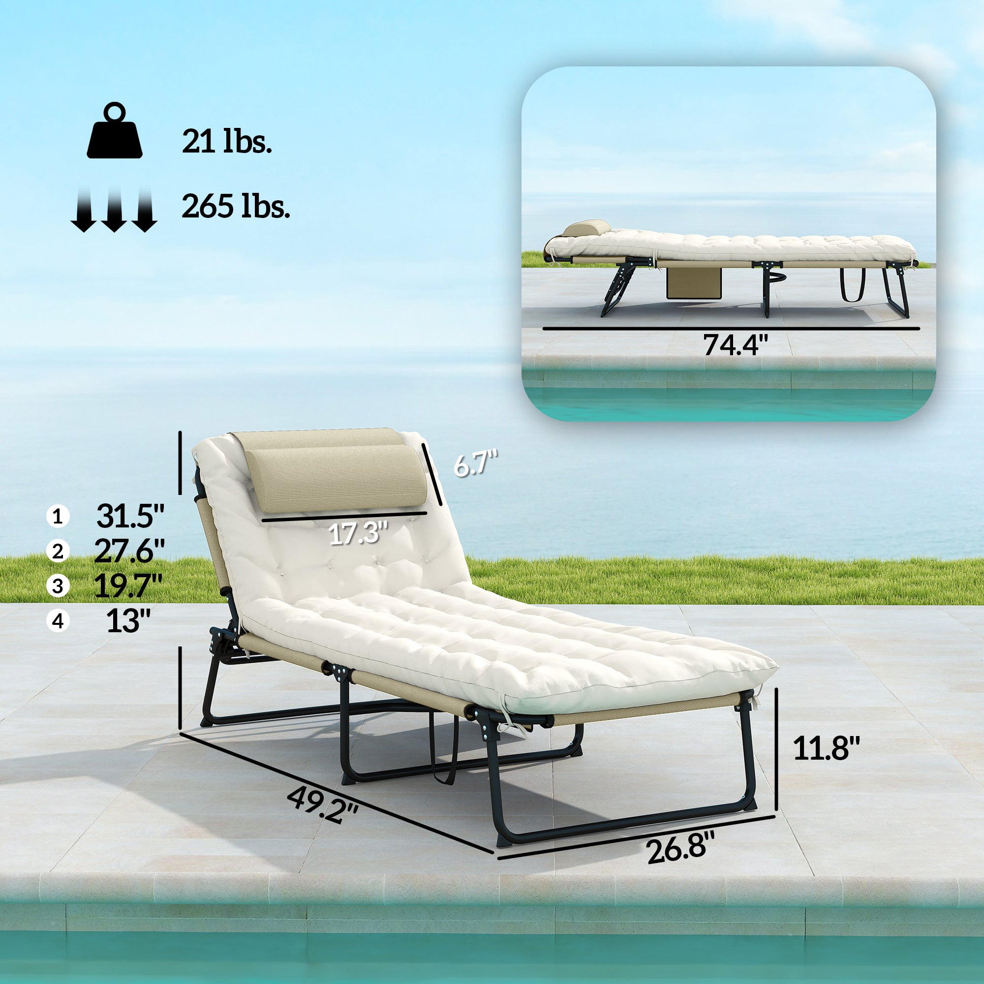 Folding Chaise Lounge Pool Chair with 4-level Reclining Back, Cushion, Side Pocket, Headrest, Beige
