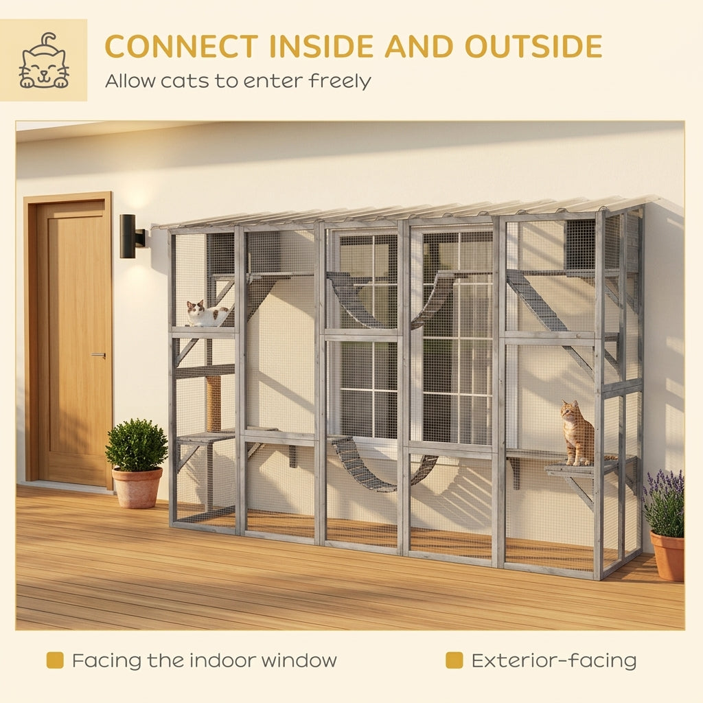 Catio Playground Cat Window Box Outside Enclosure for Multiple Cats w/ Shelves & Bridges, Gray