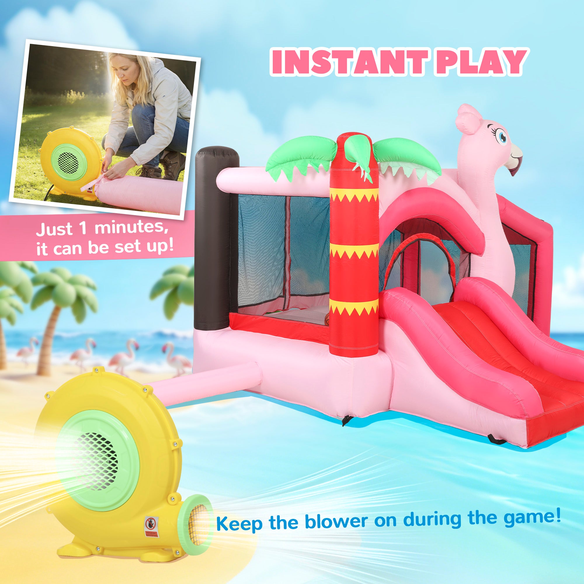 Inflatable Bounce House with Ball Pool, Basketball Hoop, Jumping Bouncy Castle with Blower for Indoor Outdoor, Pink