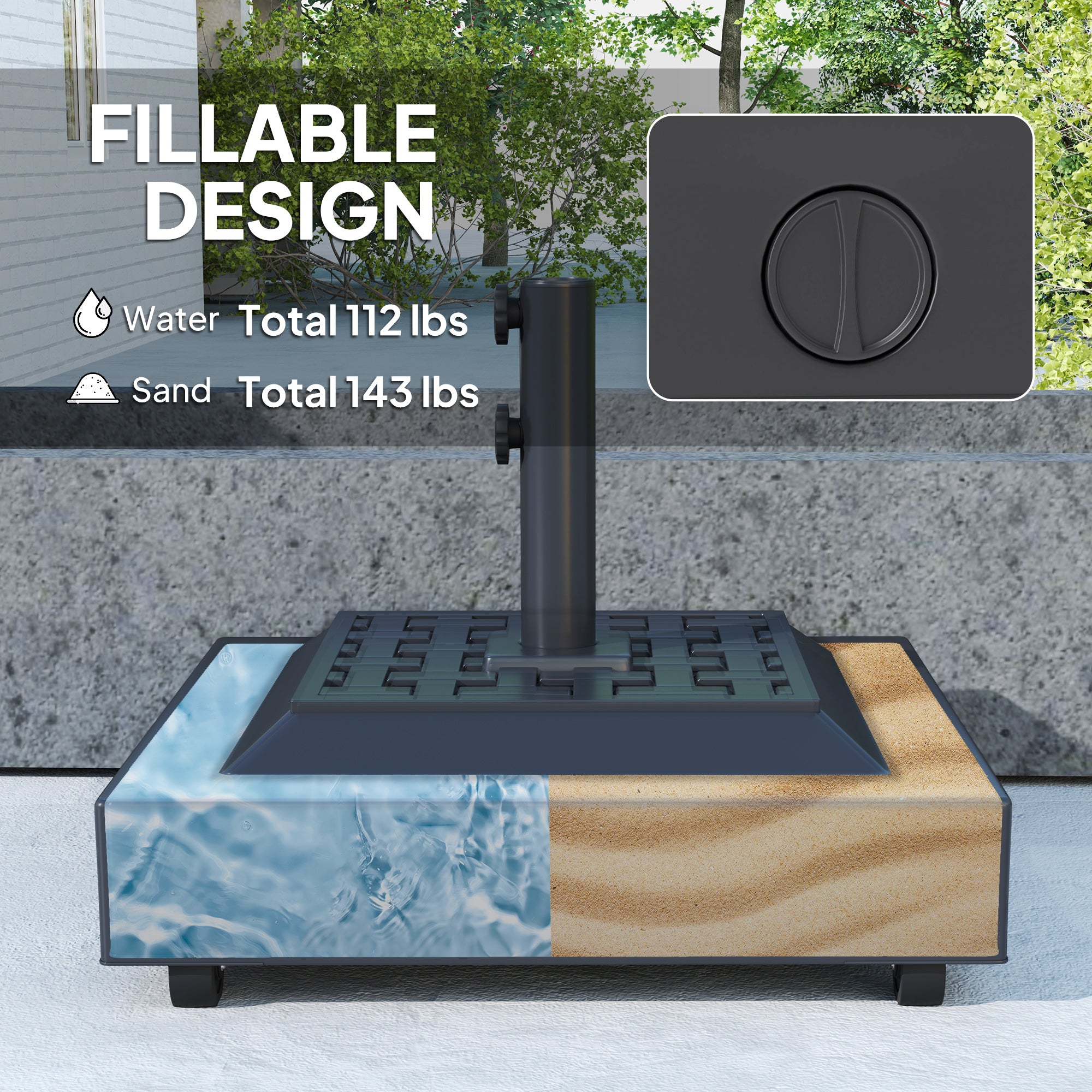 Outdoor Umbrella Stand Base with Wheels, Heavy Duty Patio Umbrella Base, Filled Up to 143lbs with Stand or 112lbs with Water, Patio Umbrella Holder for Garden, Poolside, Black