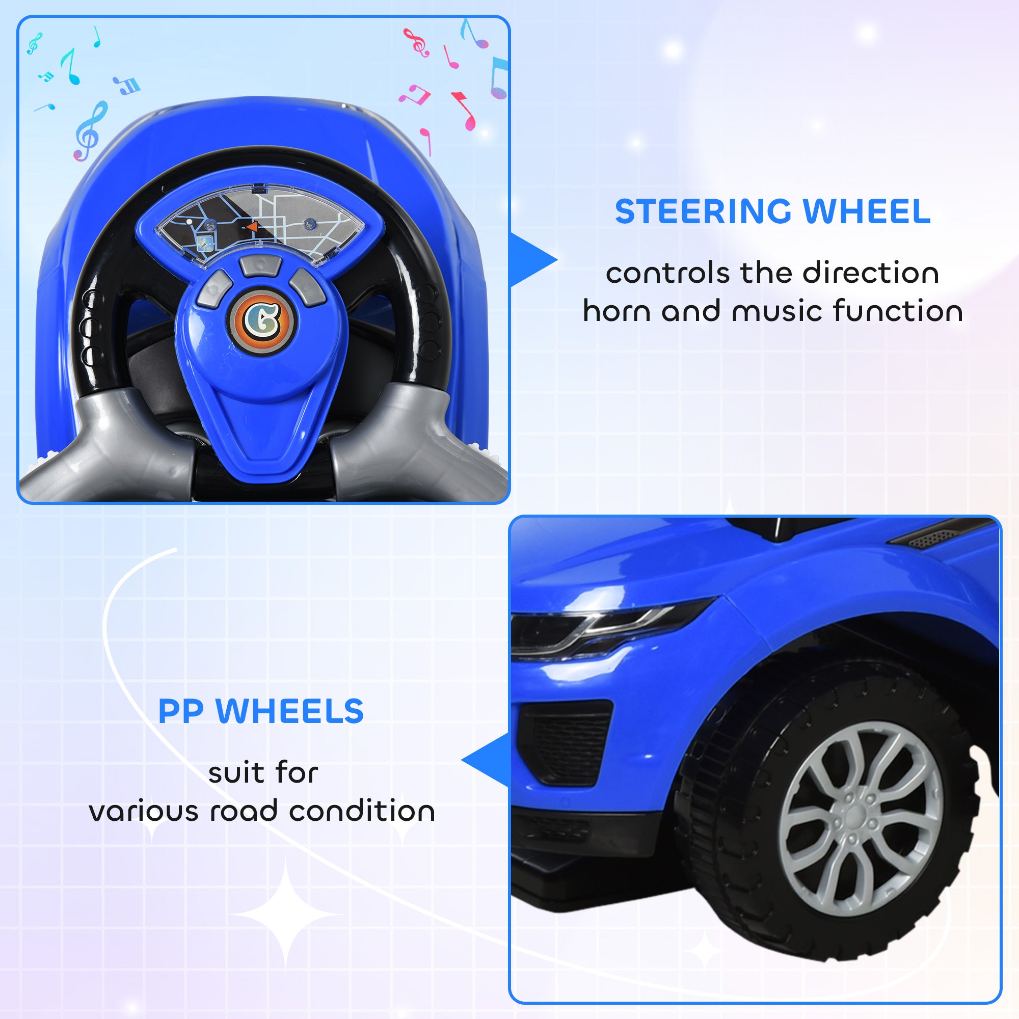 3 In 1 Push Cars for Toddlers Kid Ride on Push Car Stroller Sliding Car with Horn Music Light Function Secure Bar Ride on Toy for Boy Girl 18-36 Months, Blue