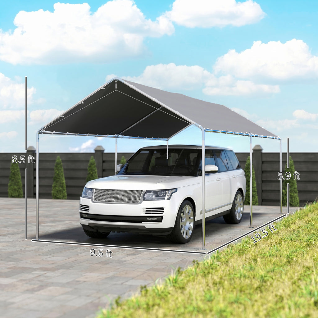 9.6' x 19.5' Carport Heavy Duty Galvanized Car Canopy w/ Included Anchor Kit, 3 Reinforced Steel Cables, Gray