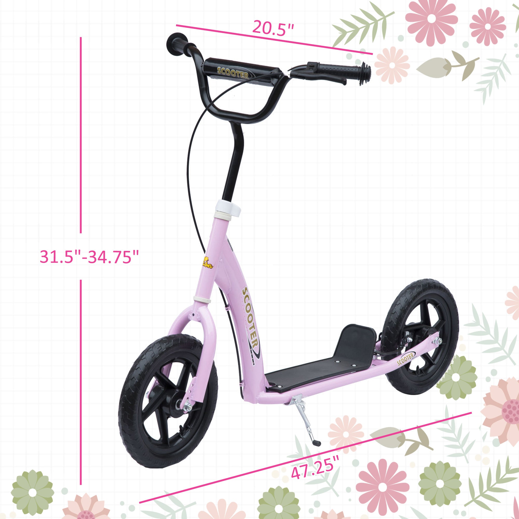 Kick Scooter for Kids 5-12 Years Old with Adjustable Height Handlebar, Non-slip Footplate, Big Wheels, Rear Brake, Pink