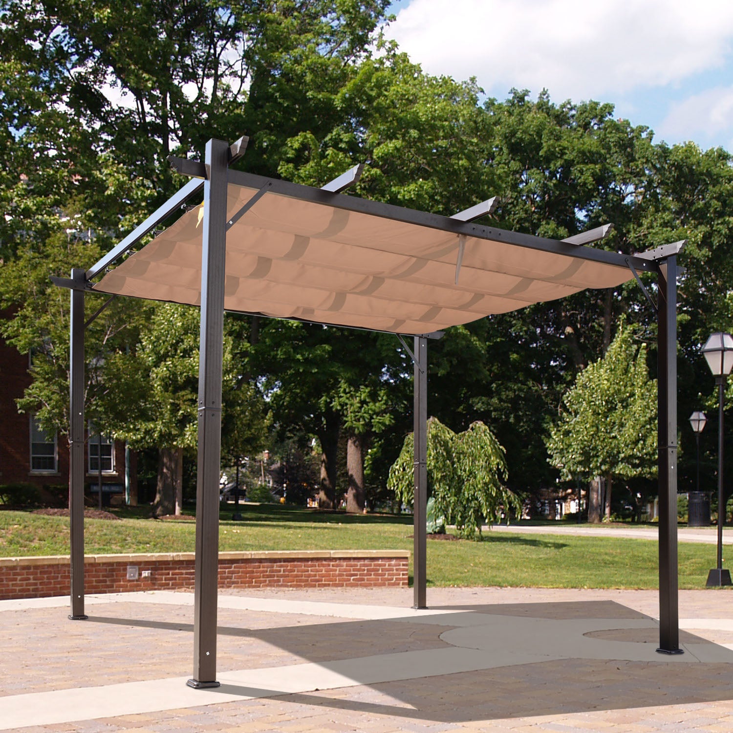 10' x 10' Outdoor Pergola Aluminum Gazebo w/ Retractable Canopy for Patio, Backyard, Party, Brown