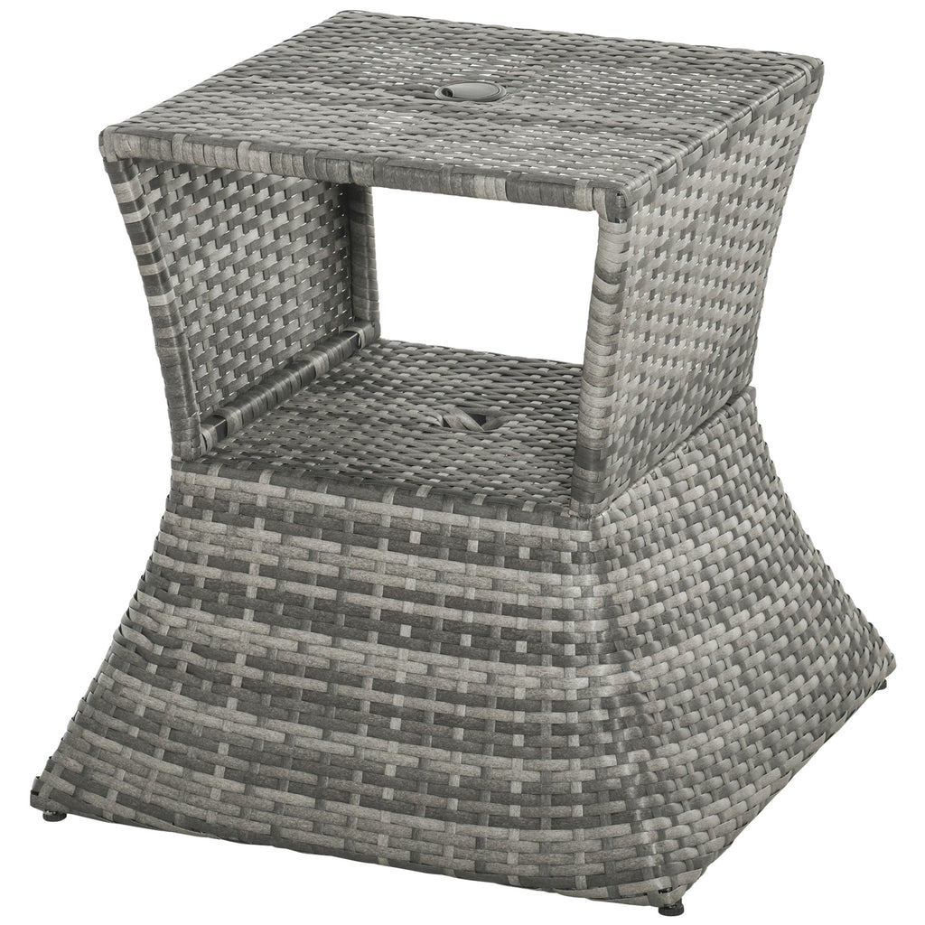 Outdoor Side Table with Umbrella Hole, 2 Tier Rattan Wicker End Table with Storage Shelf, All Weather for Patio, Garden, Backyard, Mixed Gray