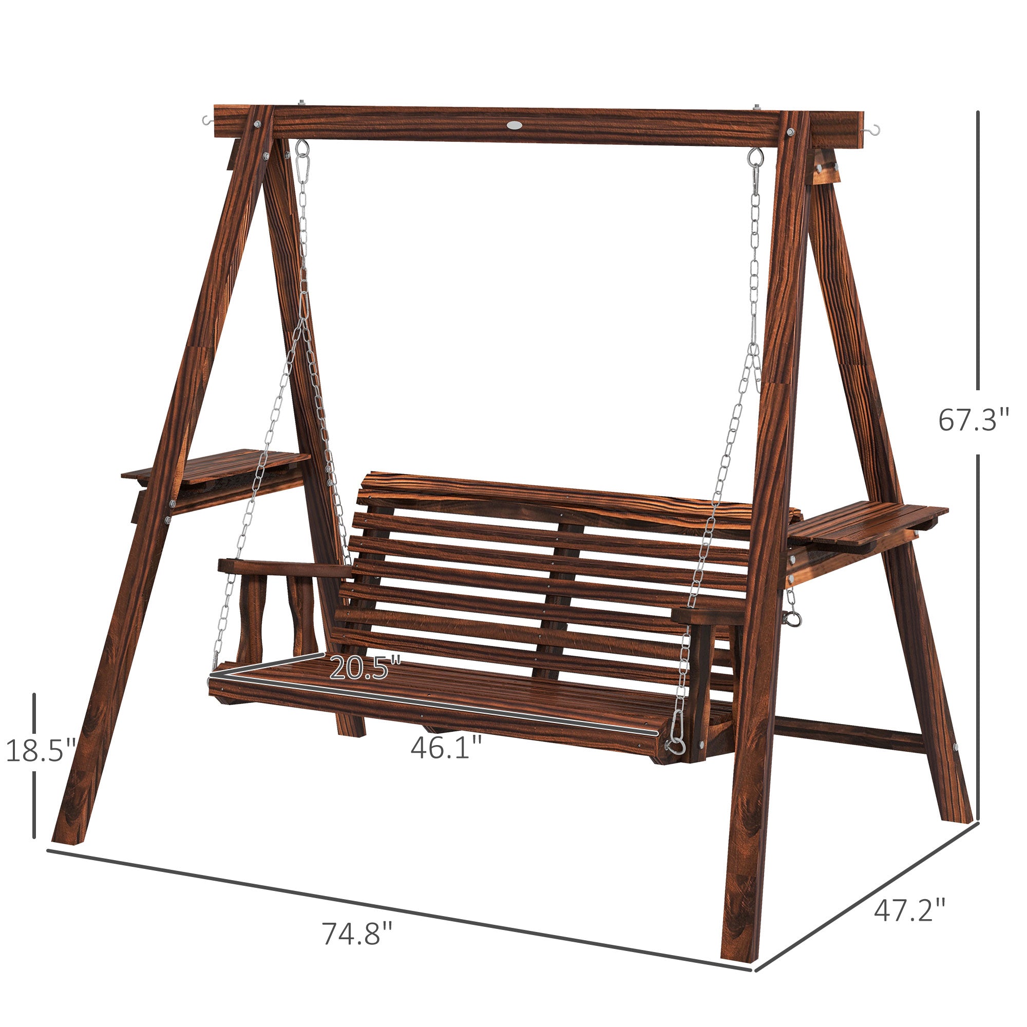 2-Seat Outdoor Swing Chair with Stand and Side Tables for Garden, Poolside, Backyard, Carbonized
