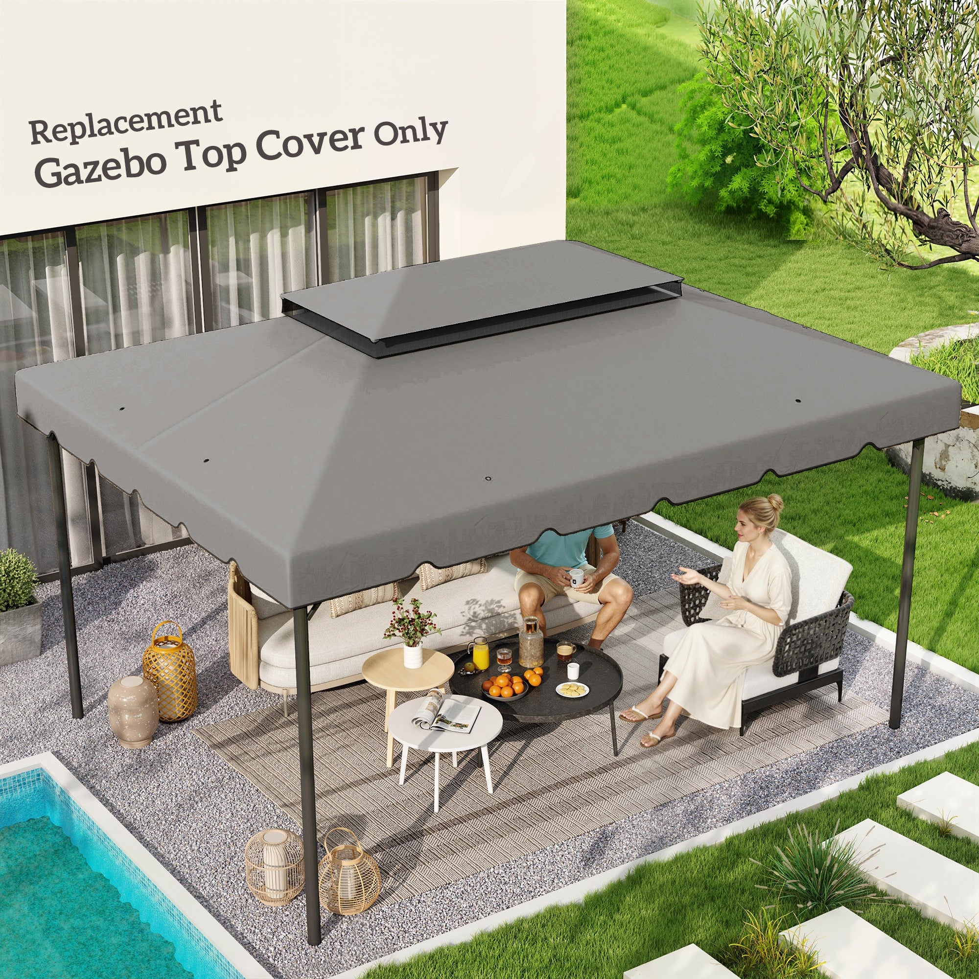 Model 84C-101 or 84C-144 13' x 10' Gazebo Replacement Canopy, Gazebo Top with Double Vented Roof (TOP ONLY), Gray