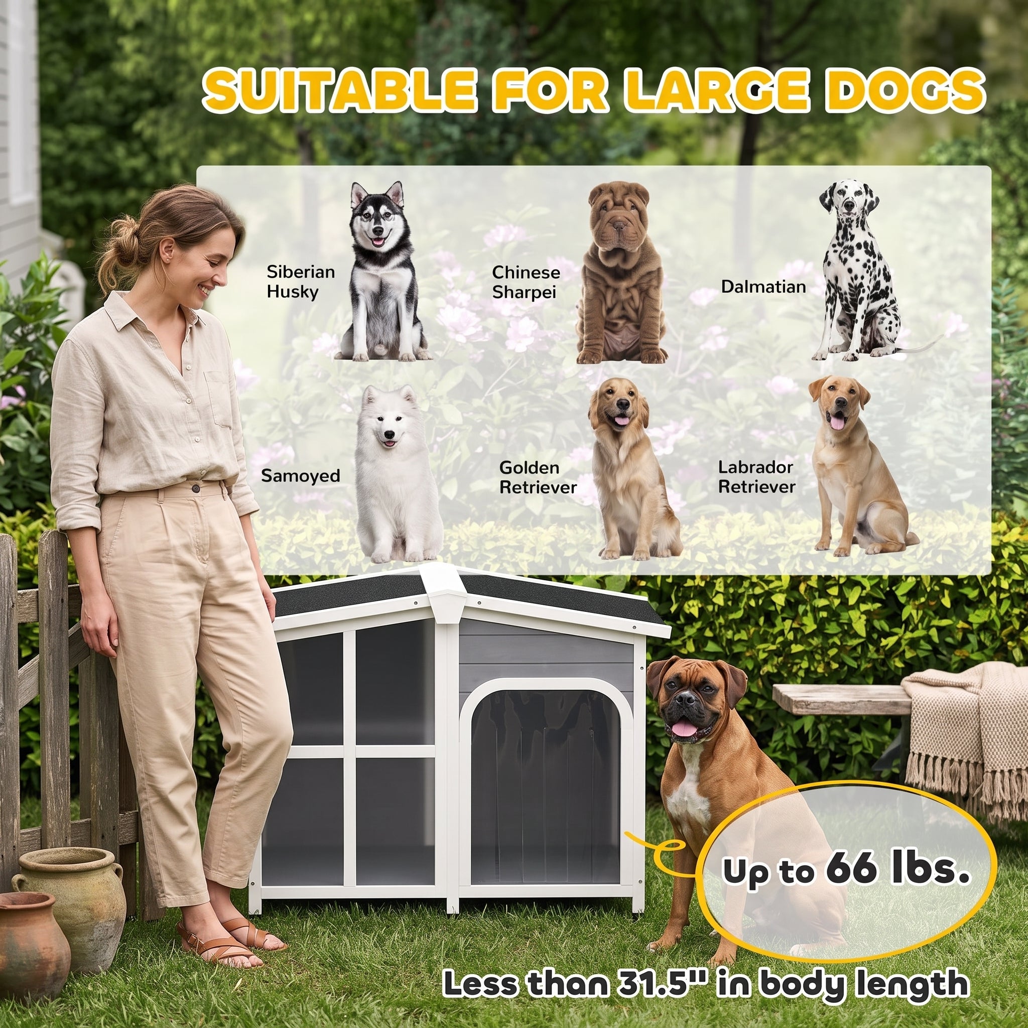 Cabin-Style Wooden Dog House for Large Dogs with Openable Roof & Giant Window,Gray