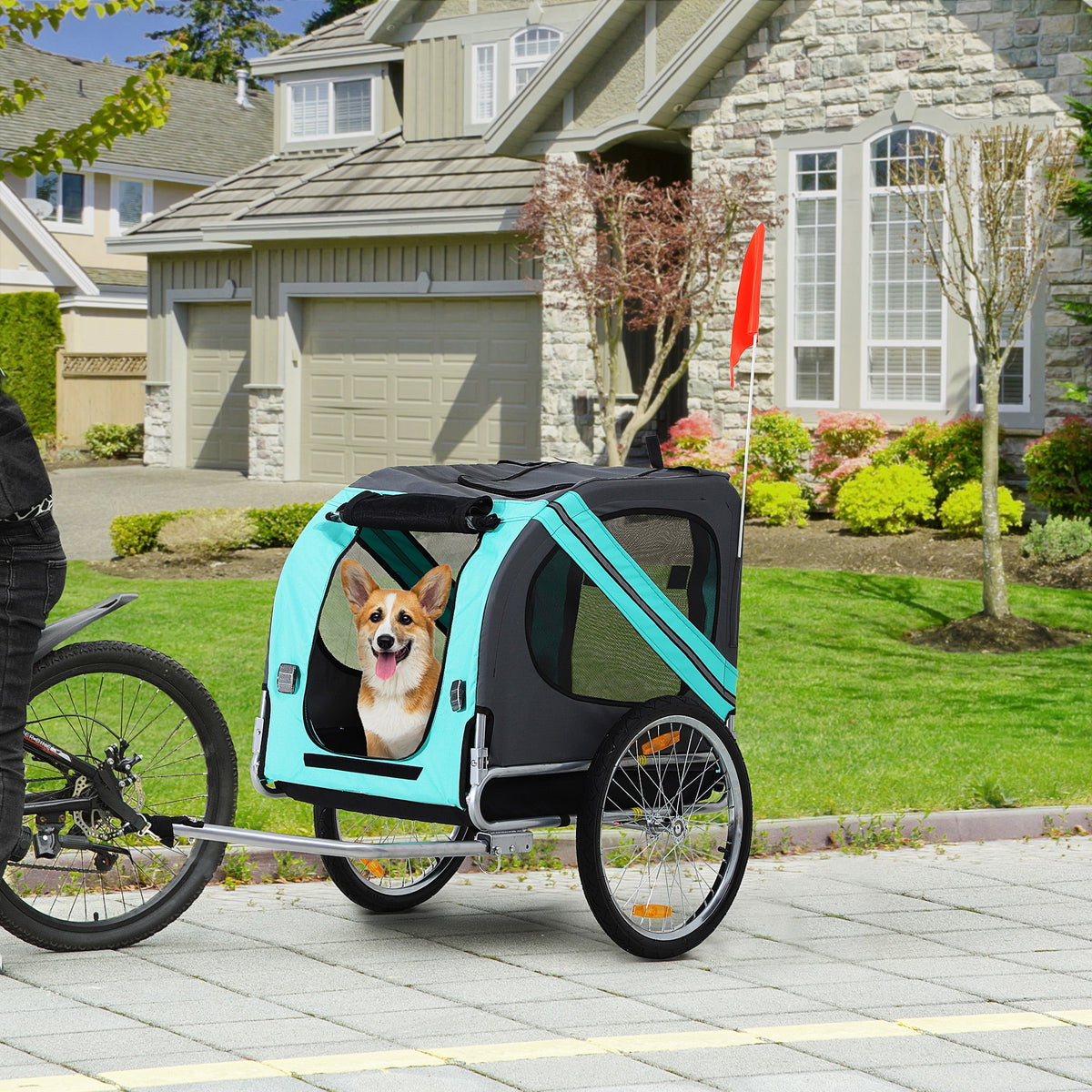 Dog Bike Trailer with 3 Entrances Large Wheels, Green