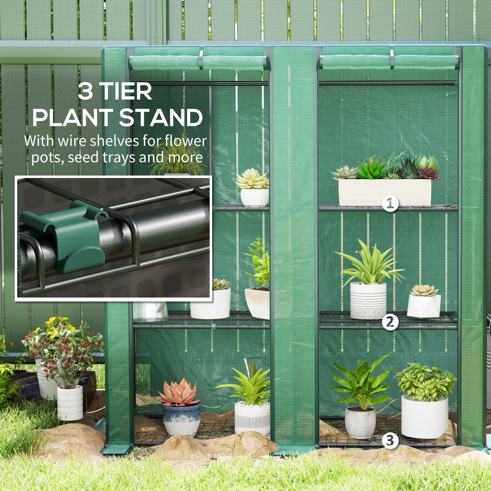 Lean-to Greenhouse with 3 Tier Shelves, Portable Greenhouse with PE Cover, 2 Roll-Up Doors, 56.7" x 18.9" x 59.8", Green