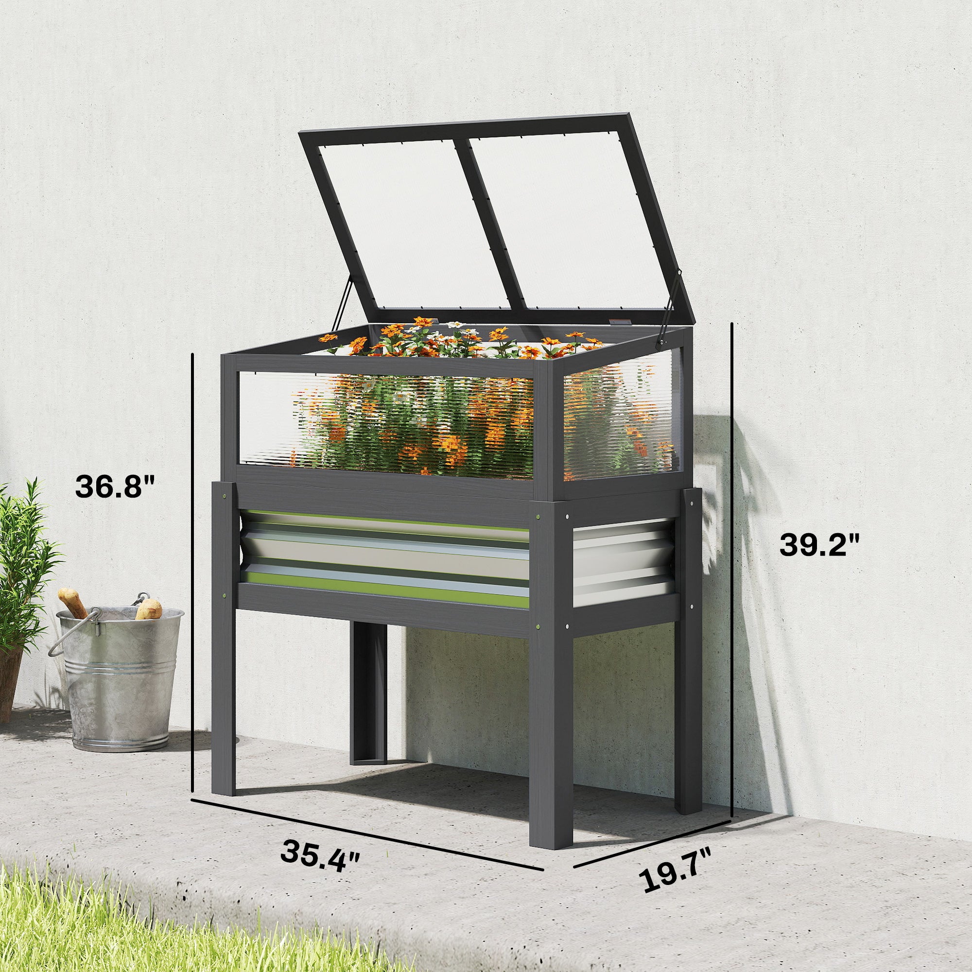 Raised Garden Bed with Flip-Up Mini Greenhouse, Elevated Planter Box with Legs and Bed Liner for Flowers, Vegetables