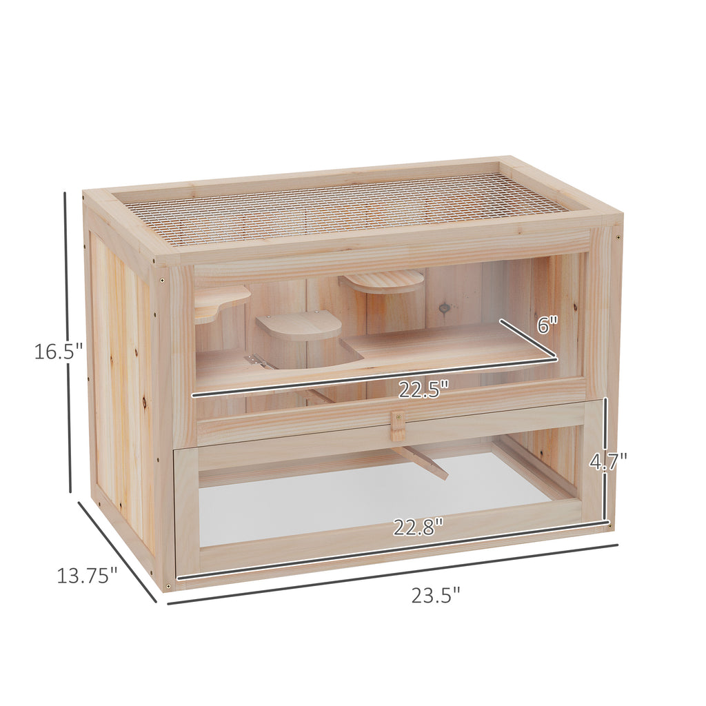 2-Level Hamster Cage Mice and Rat House, Small Animal Habitat for Guinea Pigs, Chinchillas with Openable Top, Front Door, Shelf and Ladder, Natural