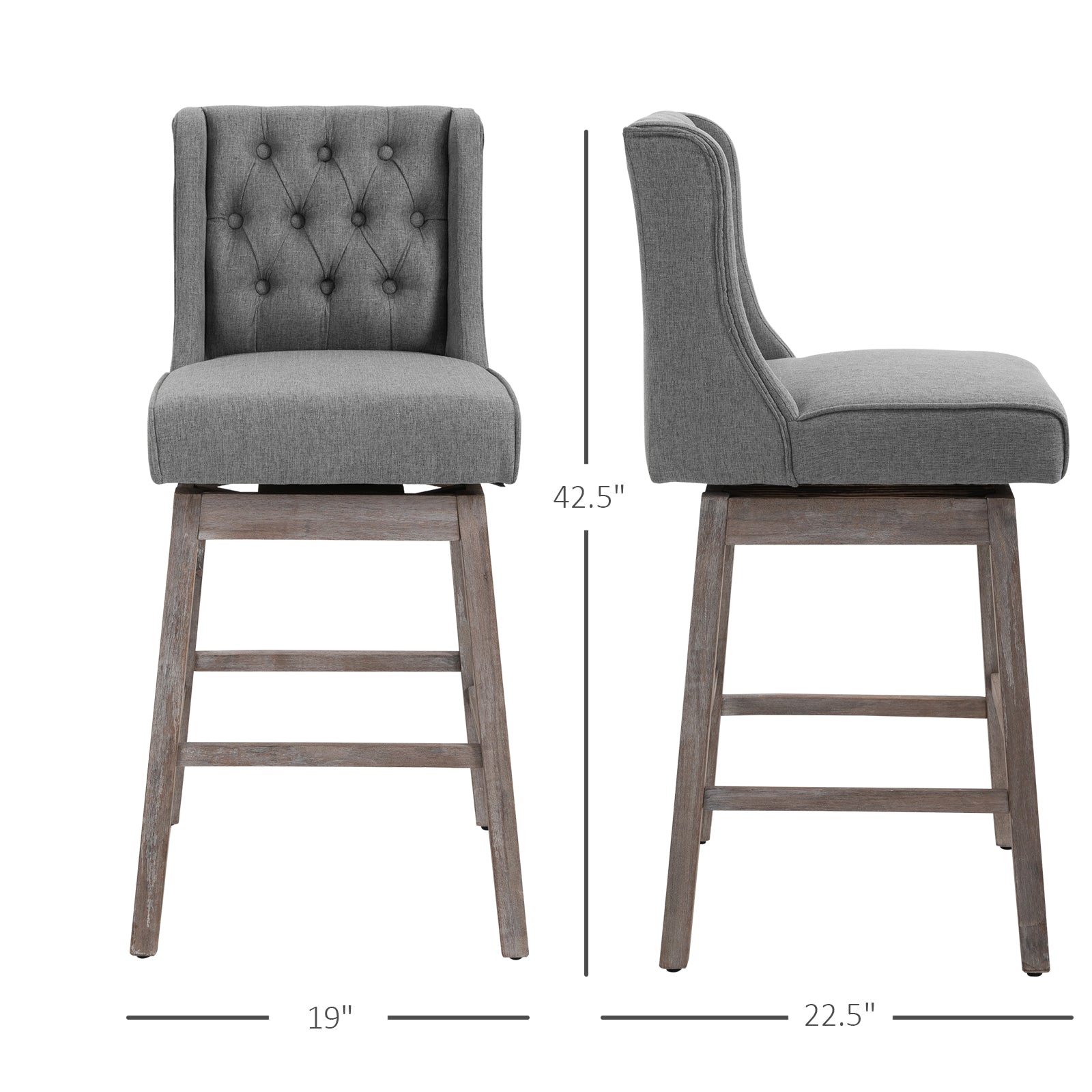 Bar Height Bar Stools Set of 2, 180 Degree Swivel Barstools with Solid Wood Footrests and Button Tufted Design, 30" Seat Height Bar Chairs for Kitchen Island, Gray