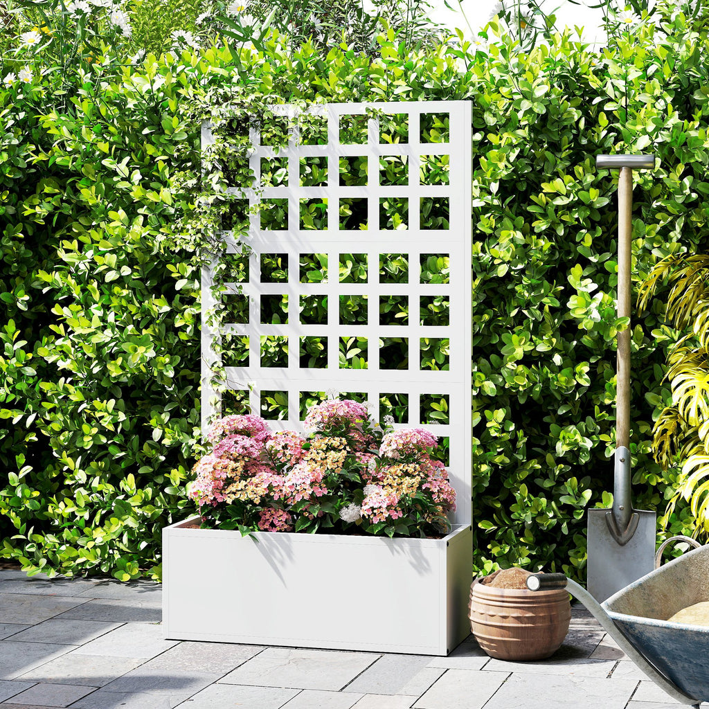 Galvanized Raised Garden Bed Planter Box with Trellis for Climbing Plants, Vegetable, Vines, 24" x 9" x 44.5", White