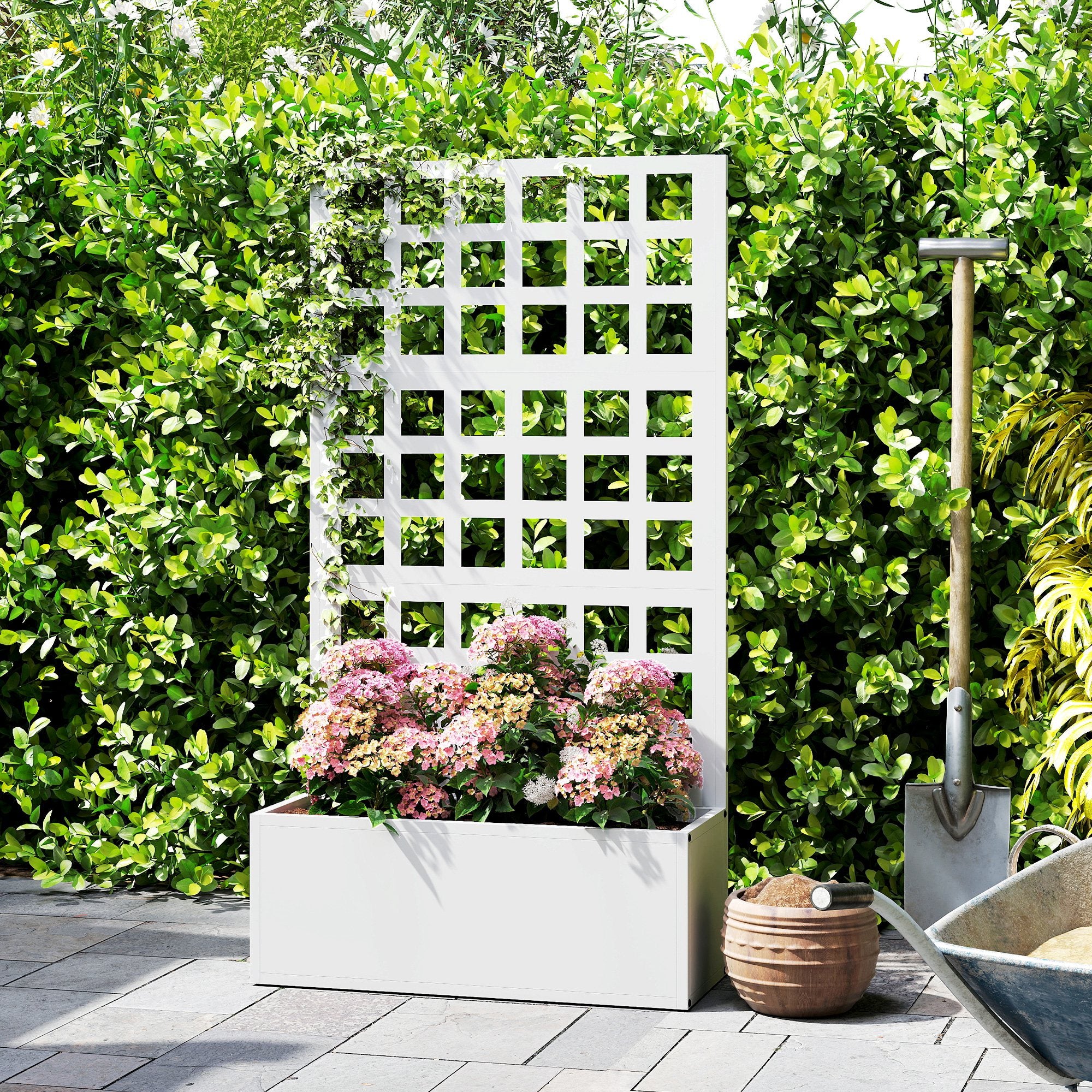 Galvanized Raised Garden Bed Planter Box with Trellis for Climbing Plants, Vegetable, Vines, 24" x 9" x 44.5", White