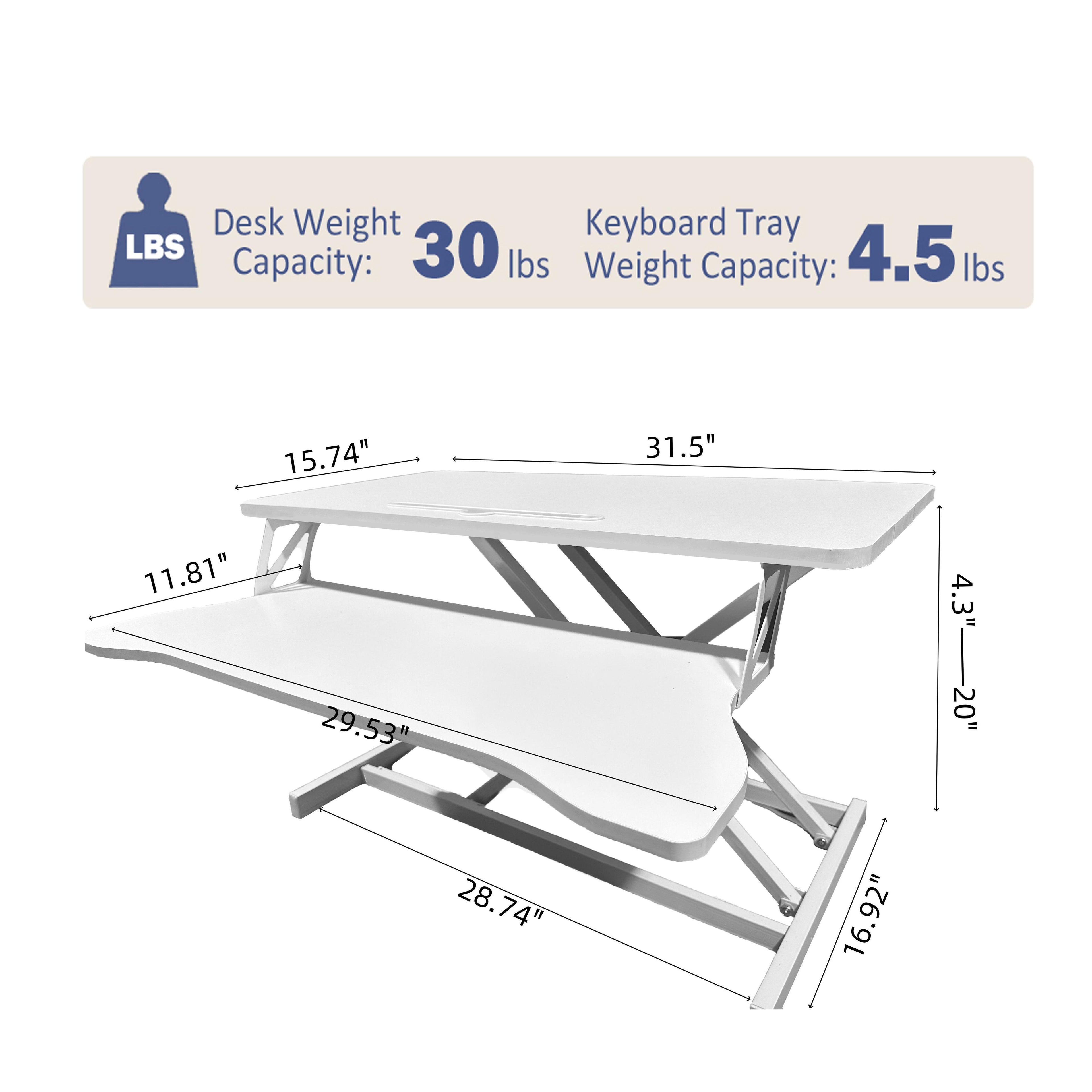 Desk Converter with Wide Keyboard Tray, Height Adjustable Sit to Stand Riser, Laptop Workstation, 31.5" L x 17" W x 4.5" H, White