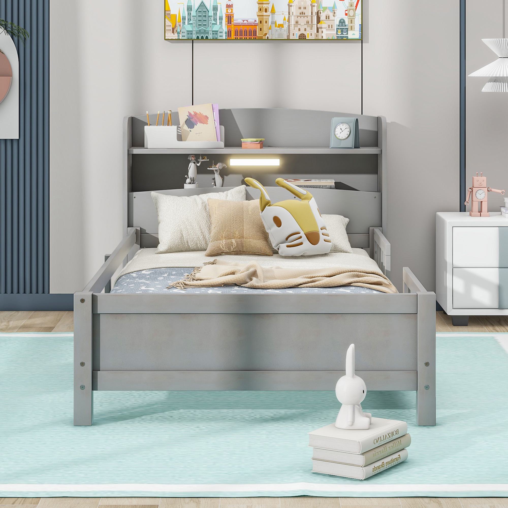 Wood Twin Size Platform Bed with Built-in LED Light, Storage Headboard, Guardrail, and Sturdy Construction, 87" L x 43" W x 31" H, Antique Gray