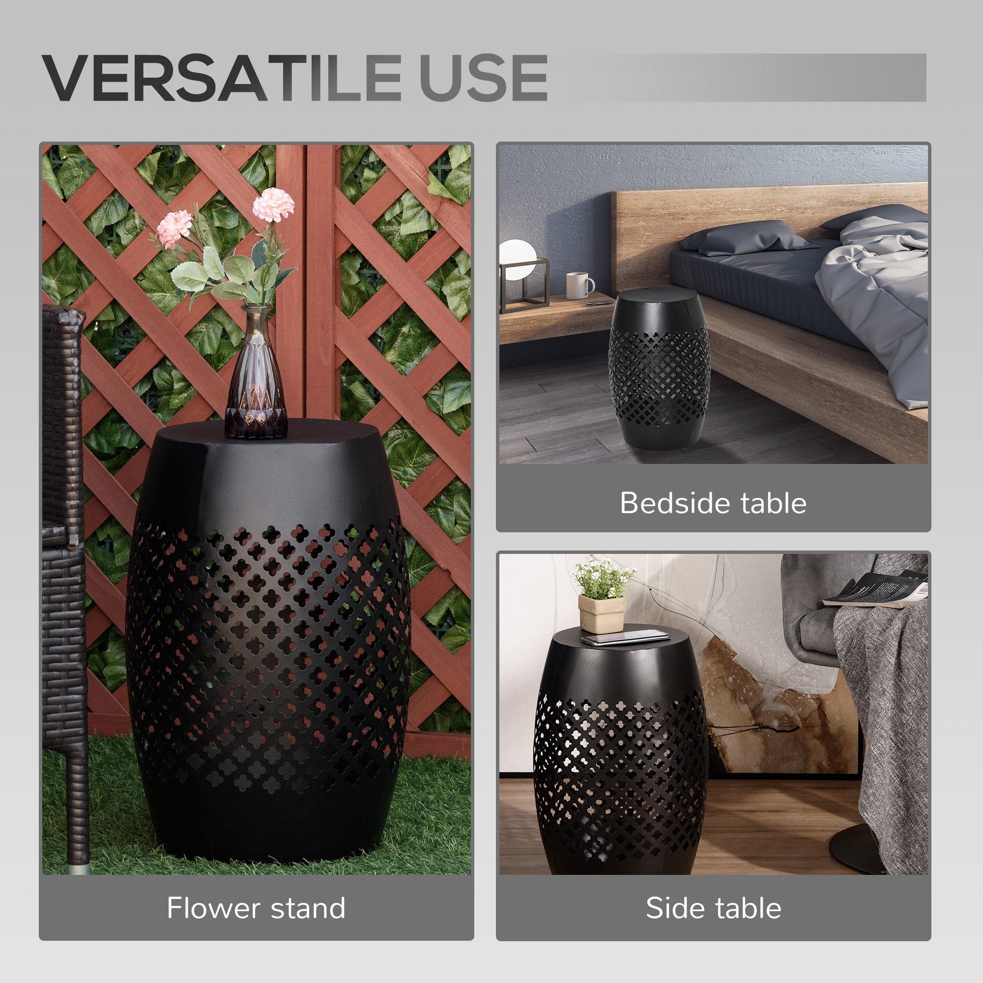 12" Steel Outdoor Side Table, Round Hollow Drum Patio End Table, Accent Table for Indoor and Outdoor, Black
