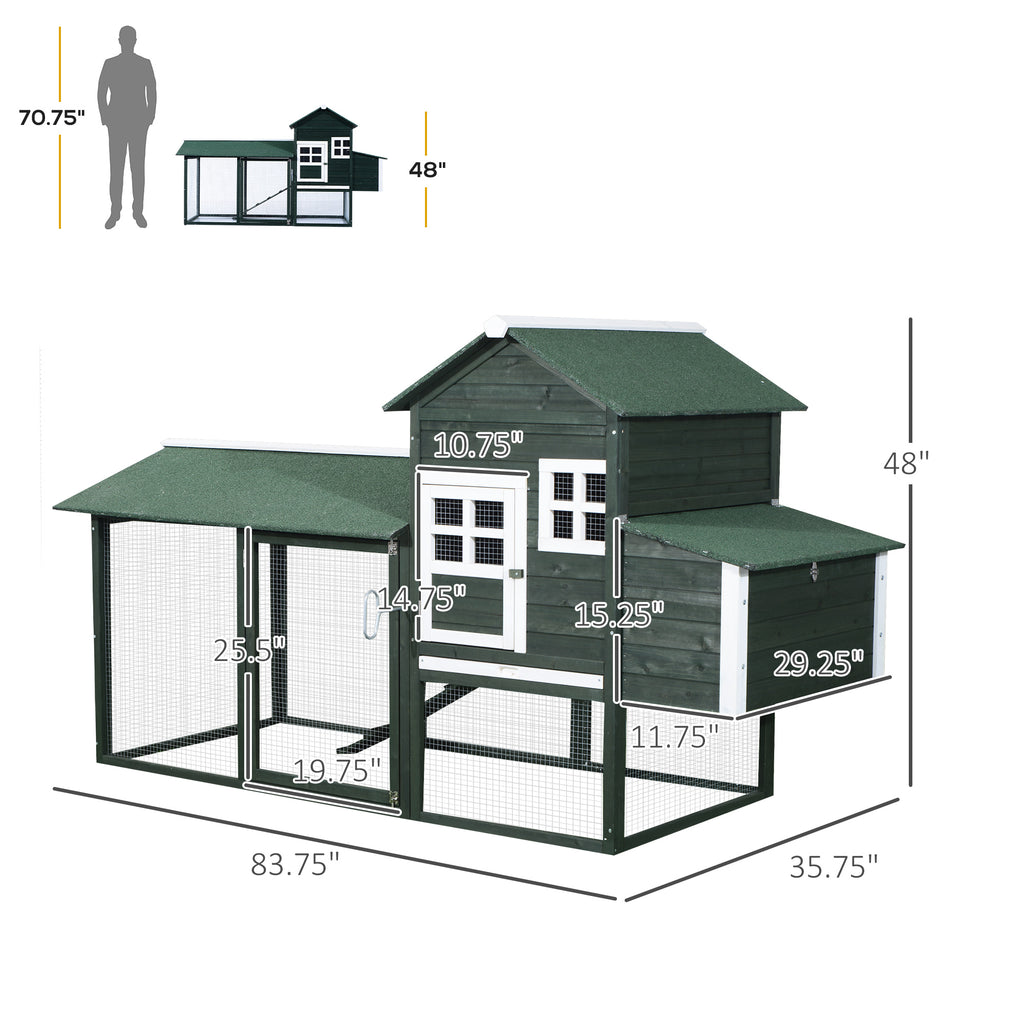 84" Wooden Chicken Coop, Hen House Outdoor with Run Nesting Box, Asphalt Roof, Removable Tray, Ramp, Poultry Cage for 2-3 Chickens, Green