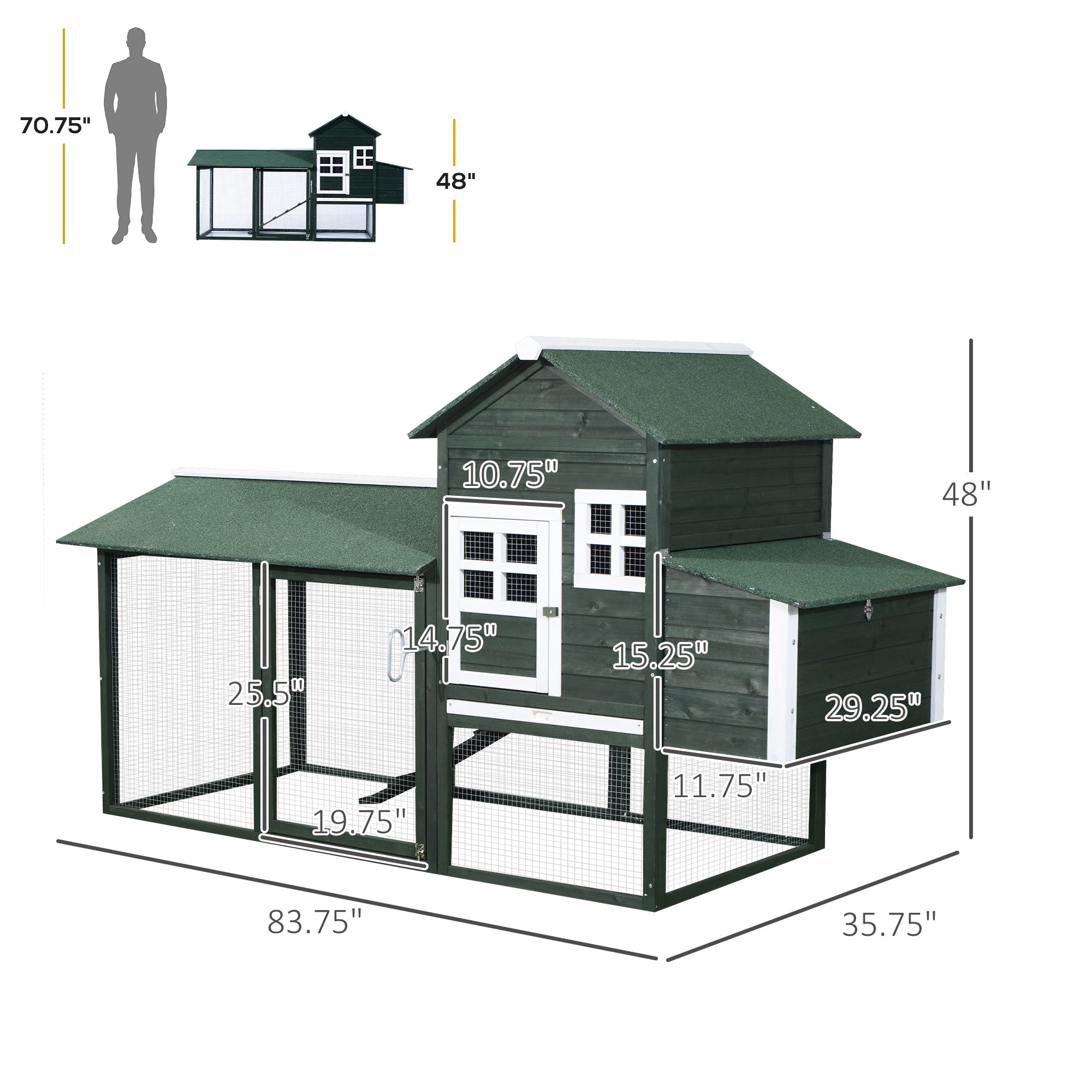 84" Wooden Chicken Coop, Hen House Outdoor with Run Nesting Box, Asphalt Roof, Removable Tray, Ramp, Poultry Cage for 2-3 Chickens, Green