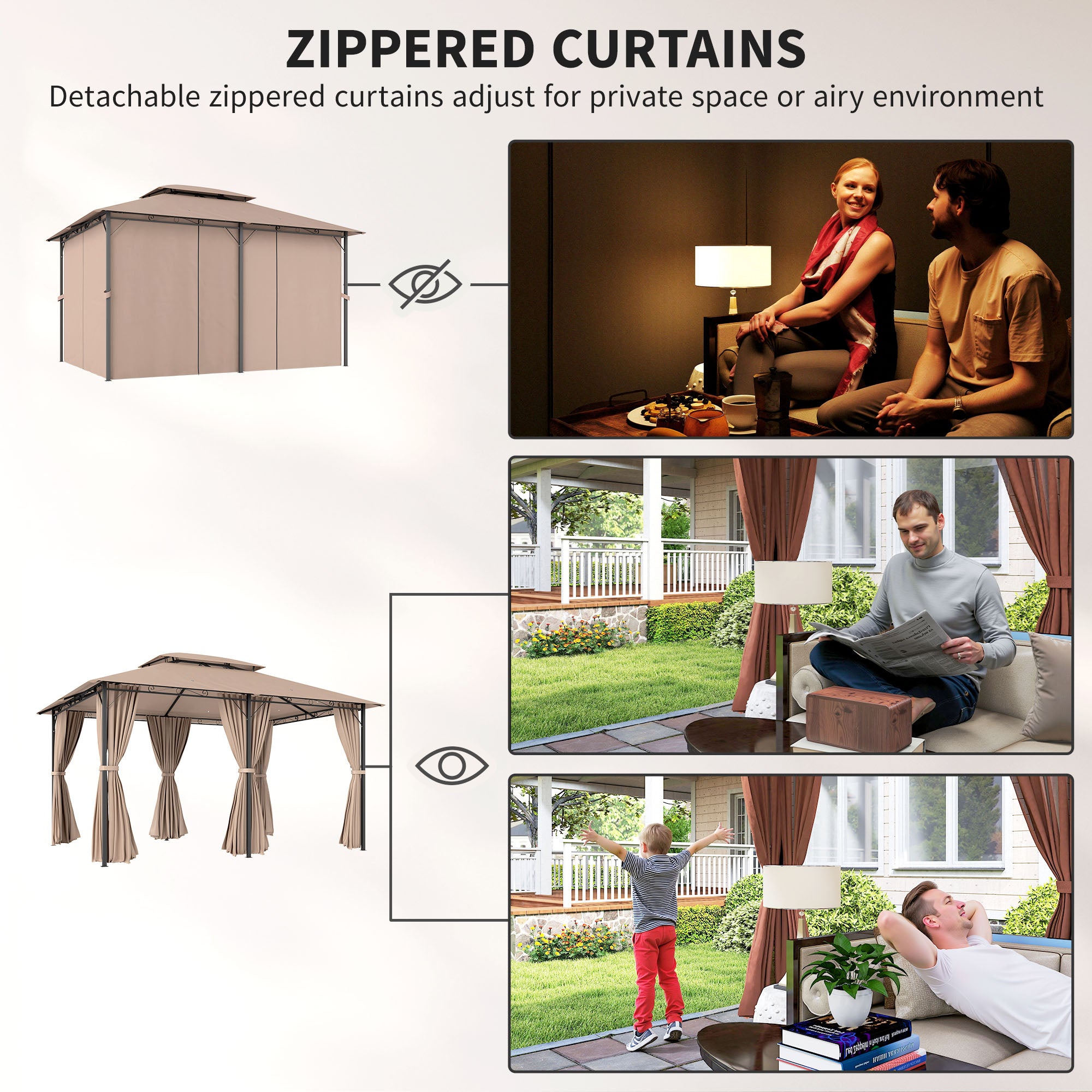 10' x 13' Patio Gazebo, Outdoor Gazebo Canopy Shelter with Curtains, Vented Roof, Steel Frame for Garden, Lawn, Backyard and Deck, Khaki