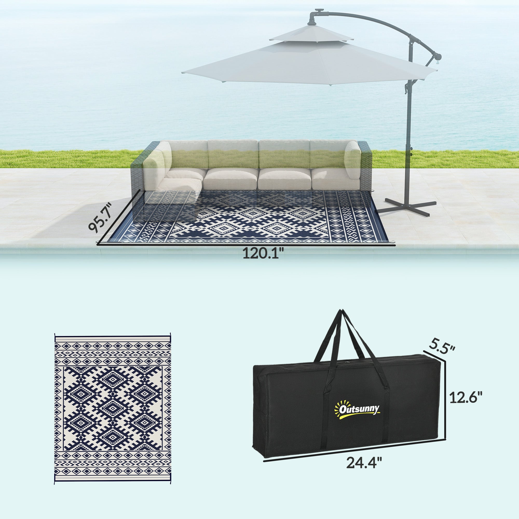 Reversible Outdoor Rug, Waterproof Plastic Straw with Carry Bag, 8' x 10', Blue & White Rhombus Border