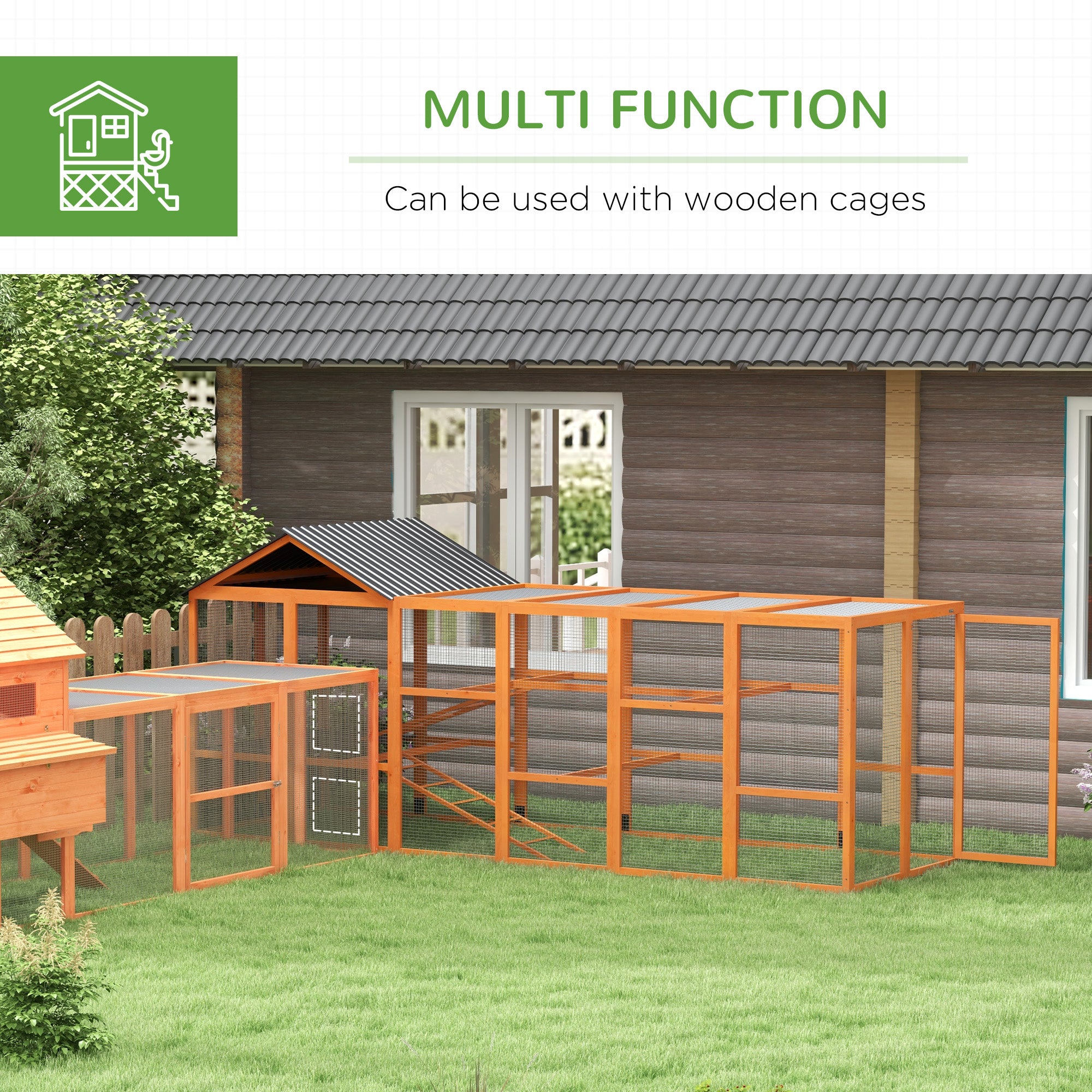 Wooden Chicken Coop Run for 6 - 10 Chickens, Hen House Add-On with Storage, Perches, 141.75" x 48" x 61", Orange