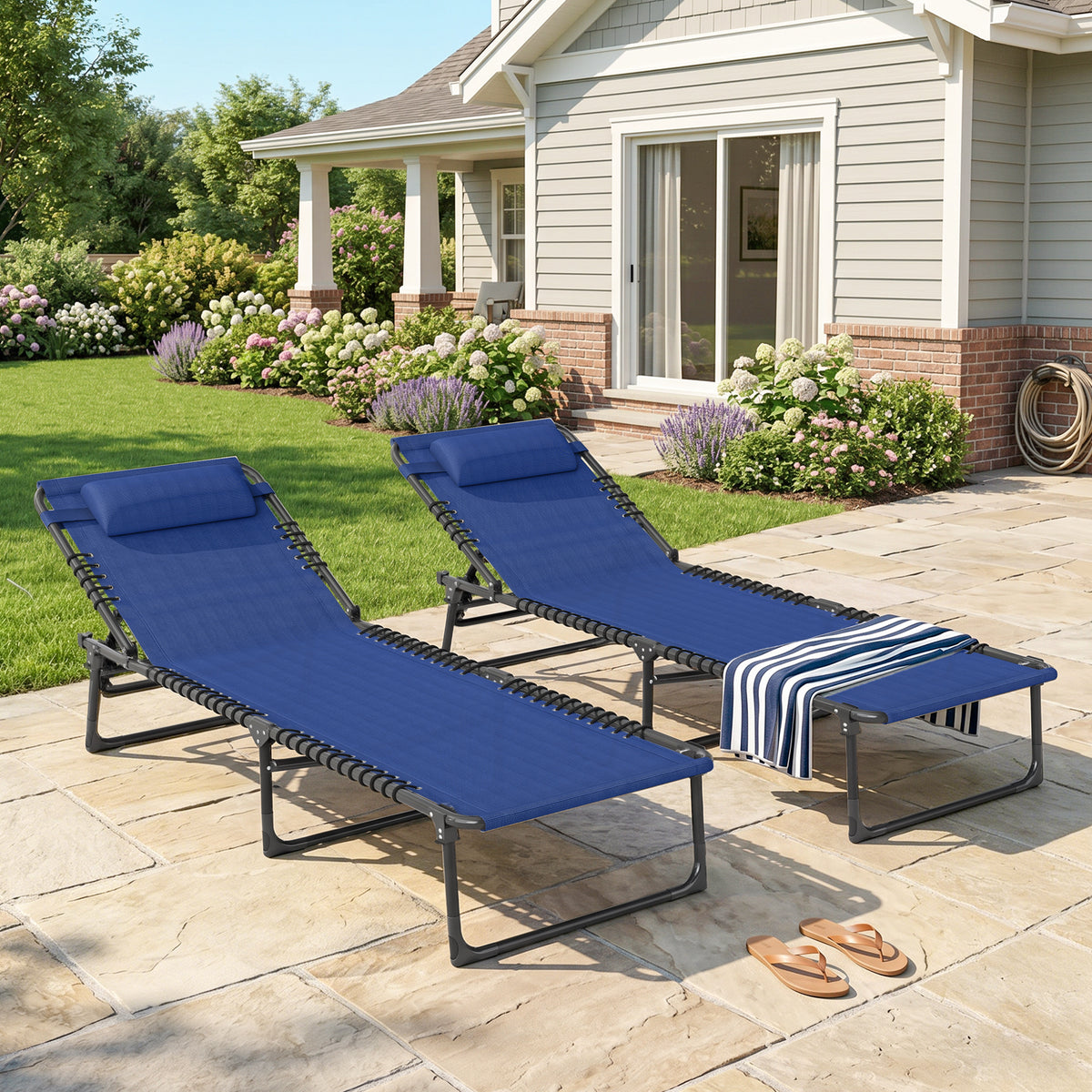 2 Folding Chaise Lounge Pool Chairs with 4-Position Reclining Back, Pillow, Breathable Mesh & Bungee Seat, Blue
