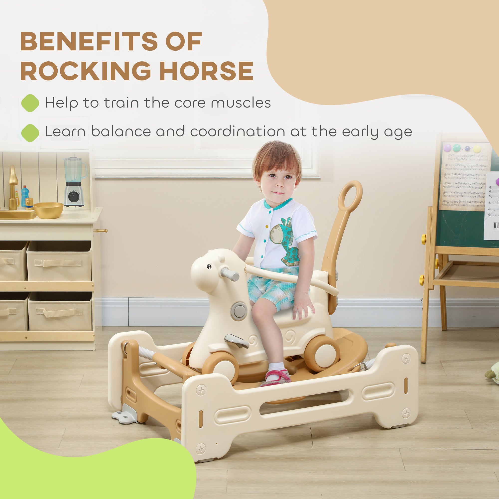 5 in 1 Kids Rocking Horse with Detachable Base, Safety Guardrails, Footrests, Push Handle for Ages 1-3, Brown