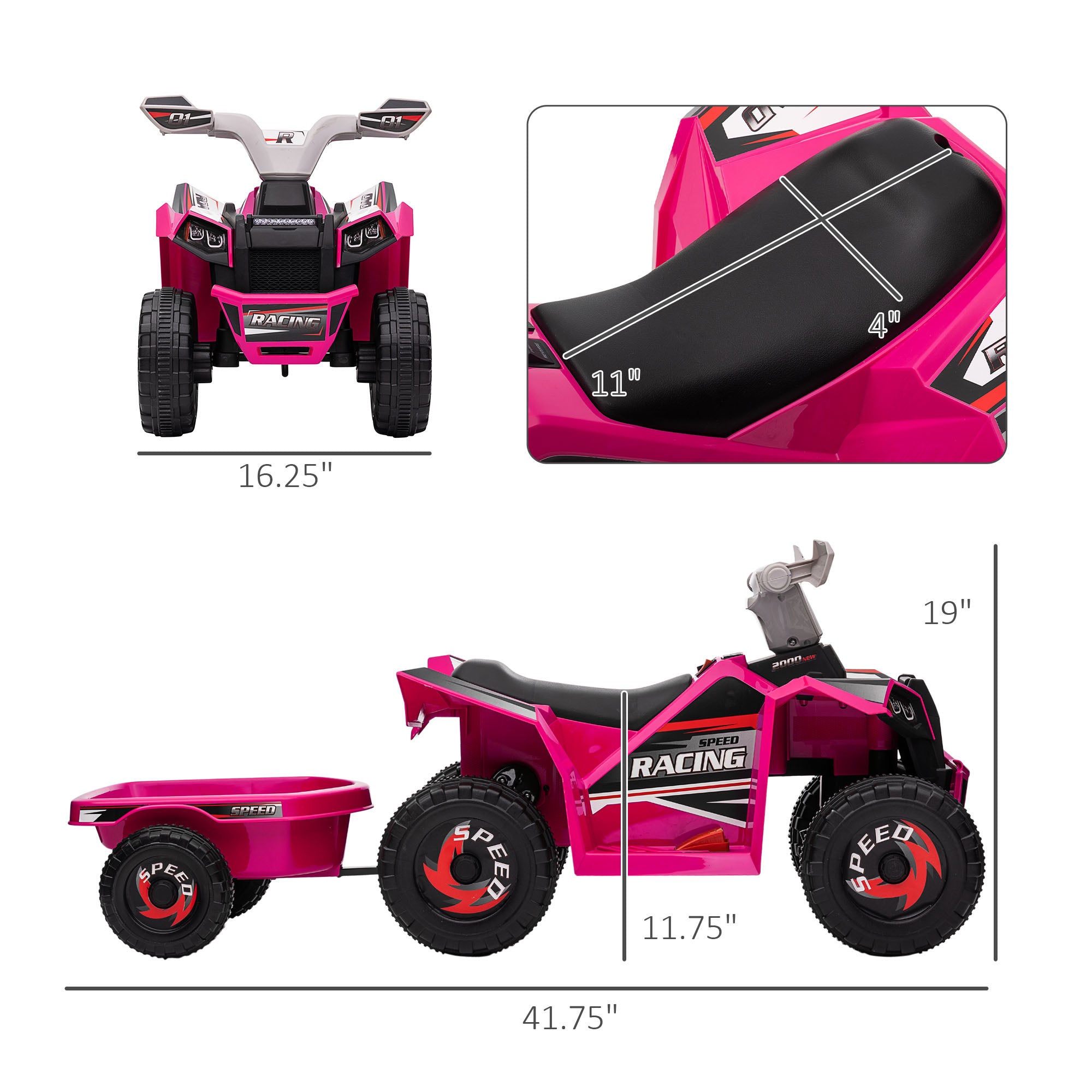 6V Electric Toy Car with Back Trailer, Forward Backward, Wear-Resistant Wheels for Ages 18-36 Months, Pink