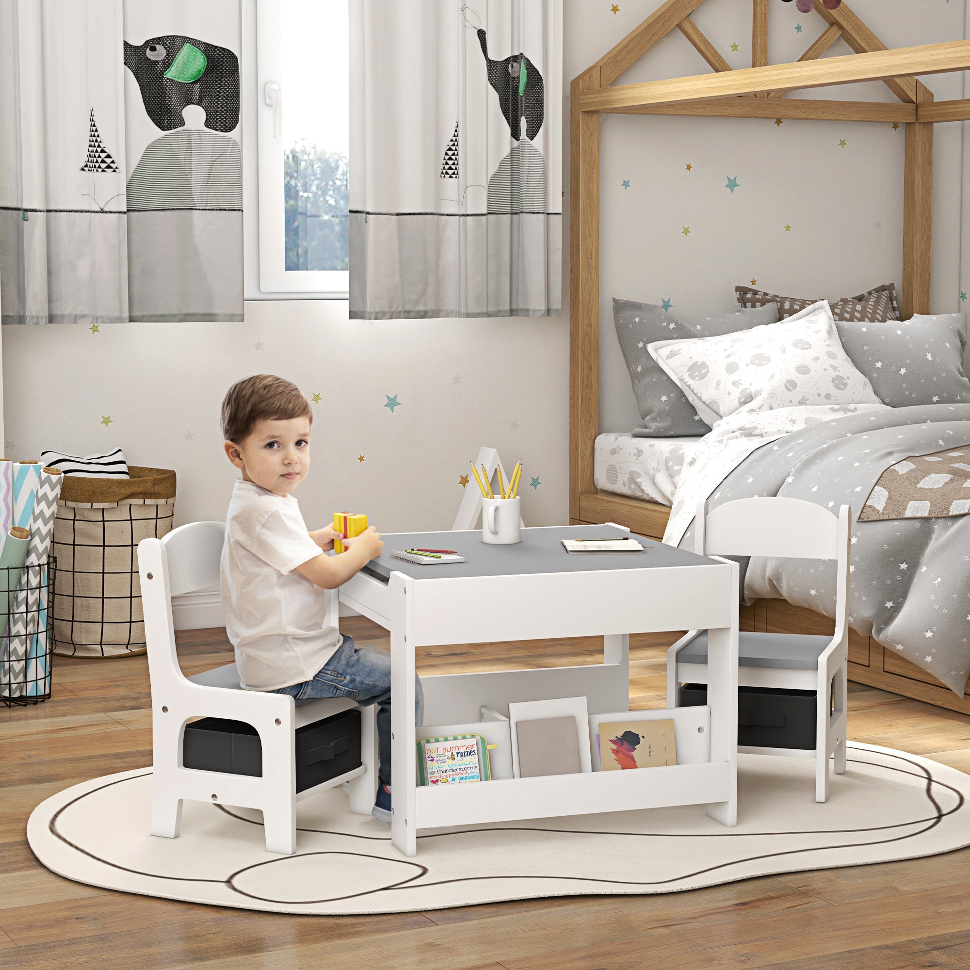 3pc Kids Table and Chair Set with Reversible Tabletop Blackboard, Storage & Bookshelves, Gray