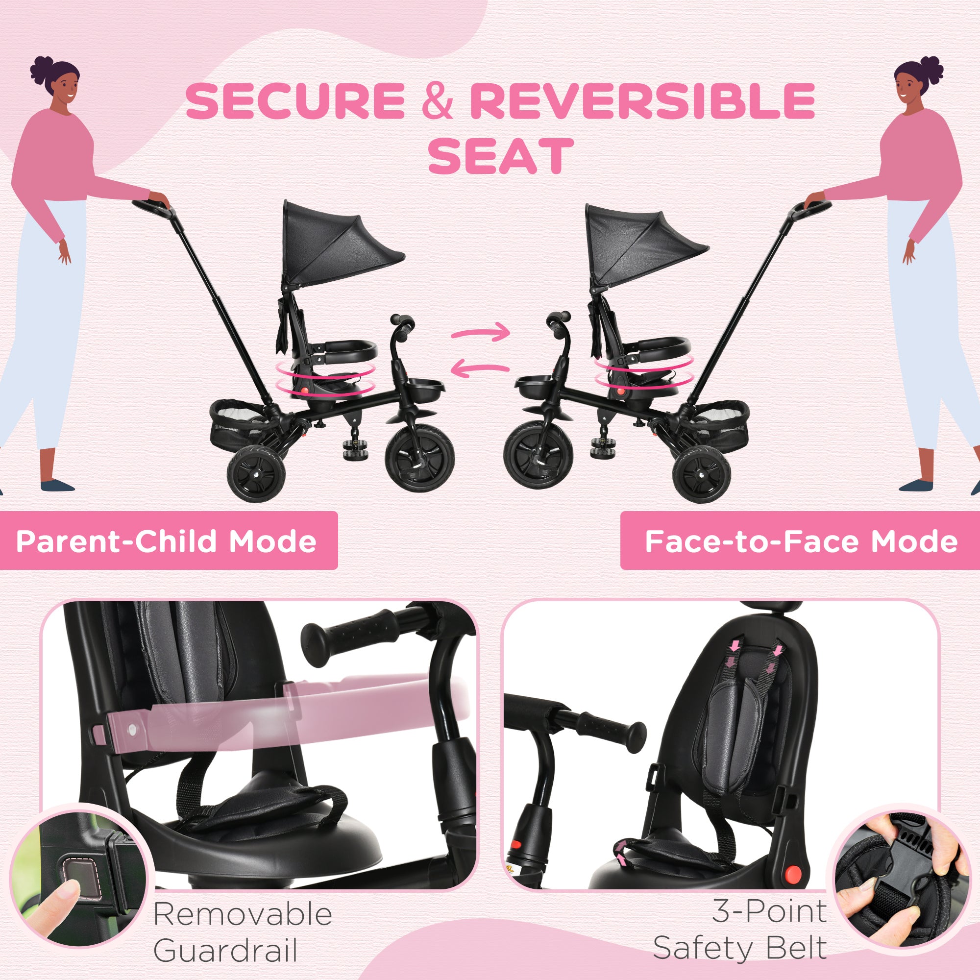 Kids Tricycle, 5 in 1 Foldable Trike with Reversible Seat, Adjustable Parent Handle, Safety Harness, Wheel Brakes, Removable Canopy, Storage, Tricycle for Toddlers 1-5 Years, Black