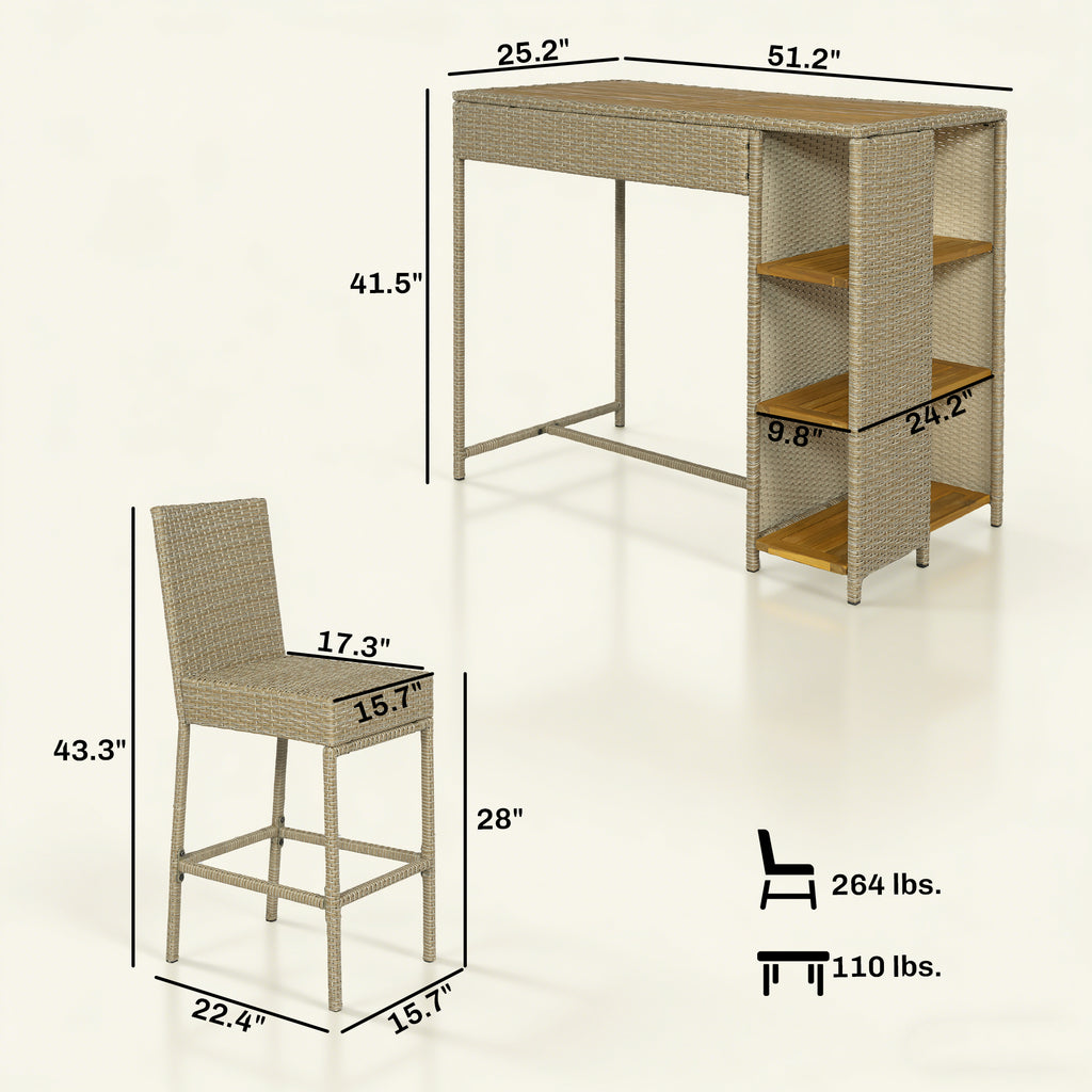 5 Piece Wicker Outdoor Bar Set, Acacia Wood Outdoor High Top Table and Chairs with 3 Tier Shelves, Cushions, Brown