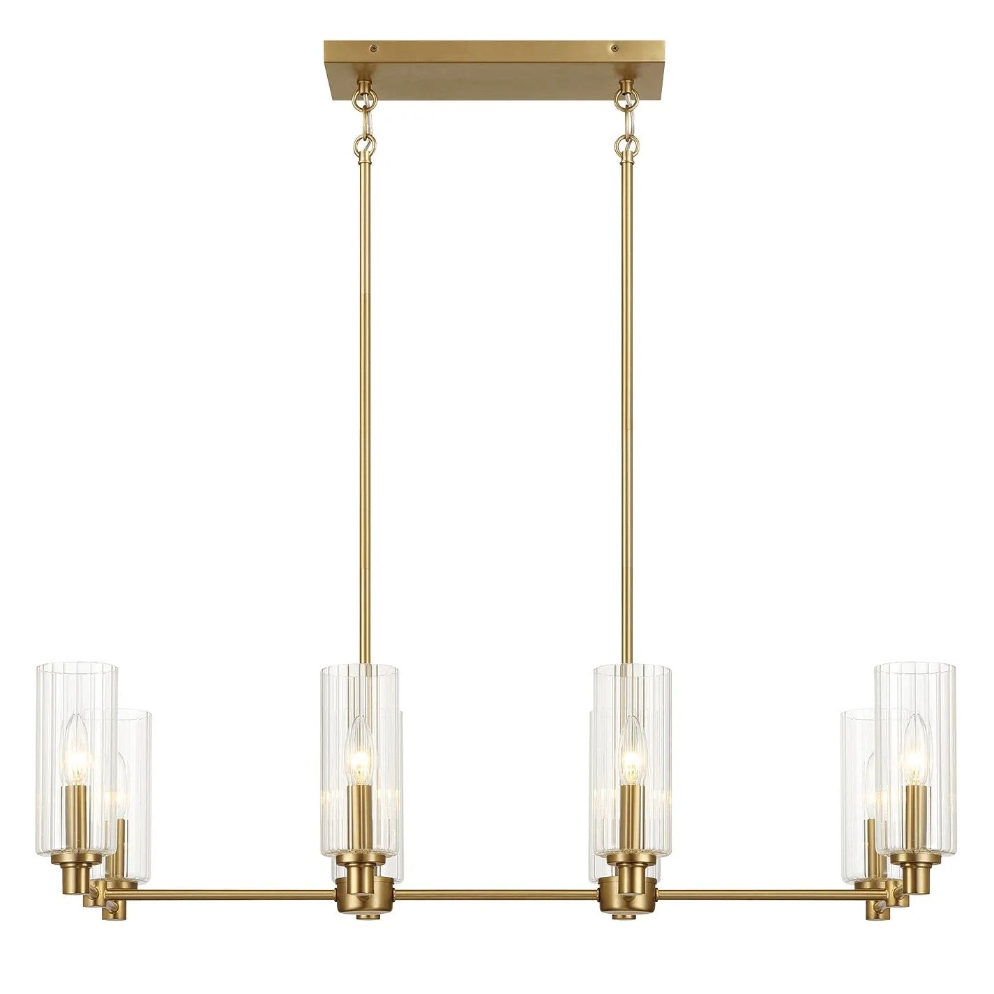 Willow 8-Light Island Pendant Lamp with Clear Ribbed Glass, Satin Brass Finish, 36" L x 15" W x 9" H, Antique Brass+Clear