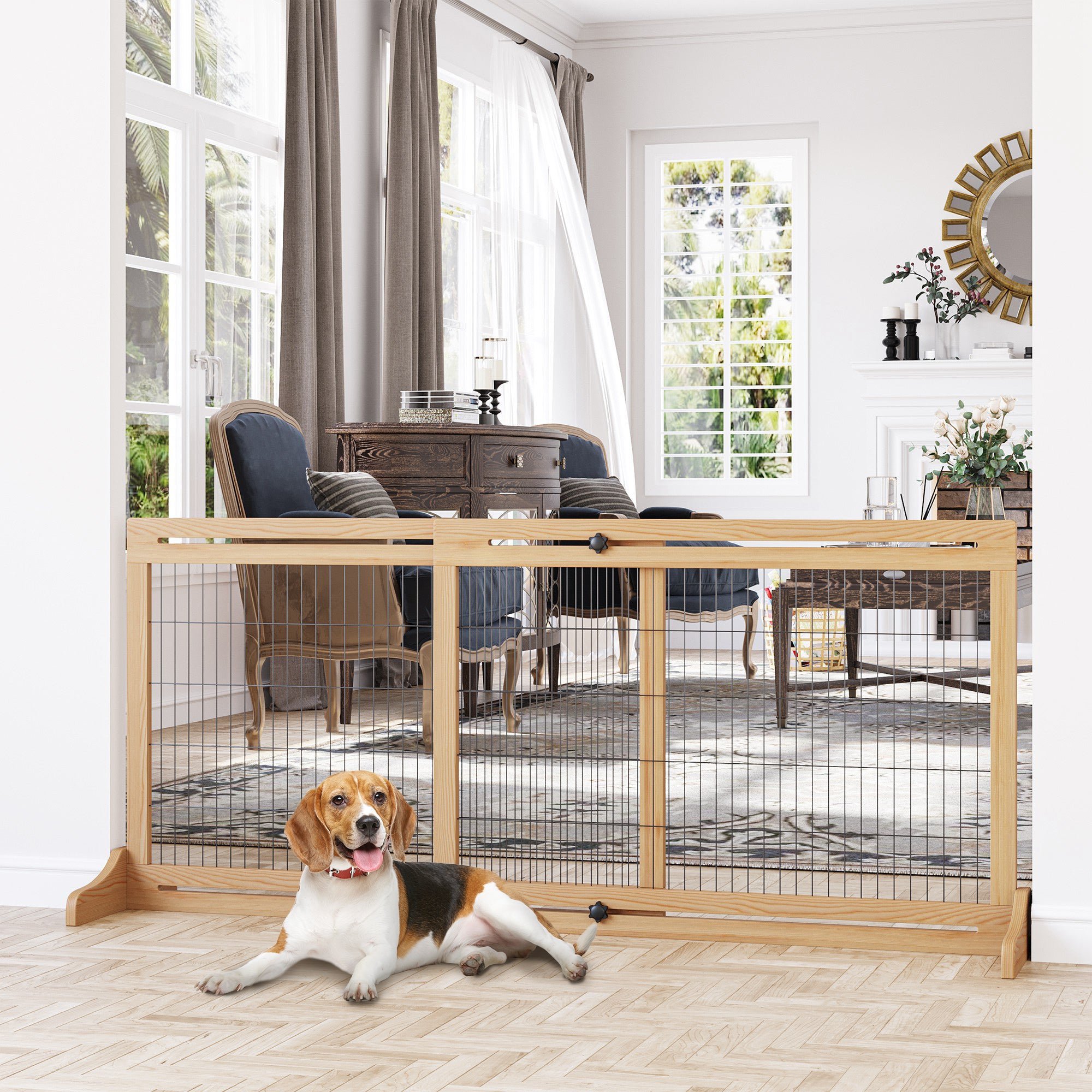 71" W x 27" H Extra Wide Freestanding Pet Gate with Adjustable Length Dog, Cat, Barrier for House, Doorway, Hallway, Natural
