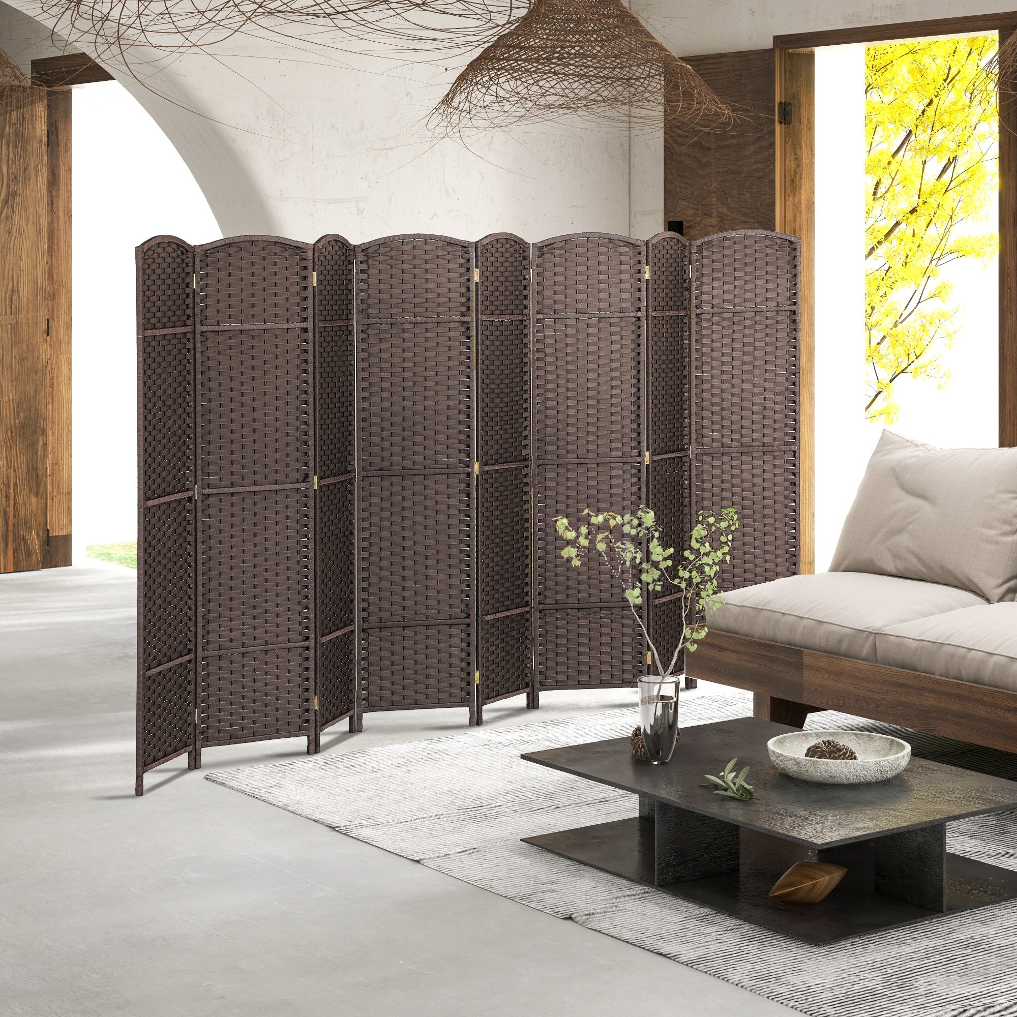 Folding Room Divider Screen 8 Panel 5.6 ' Tall Privacy Screen Freestanding Room Partition for Home Office, Brown
