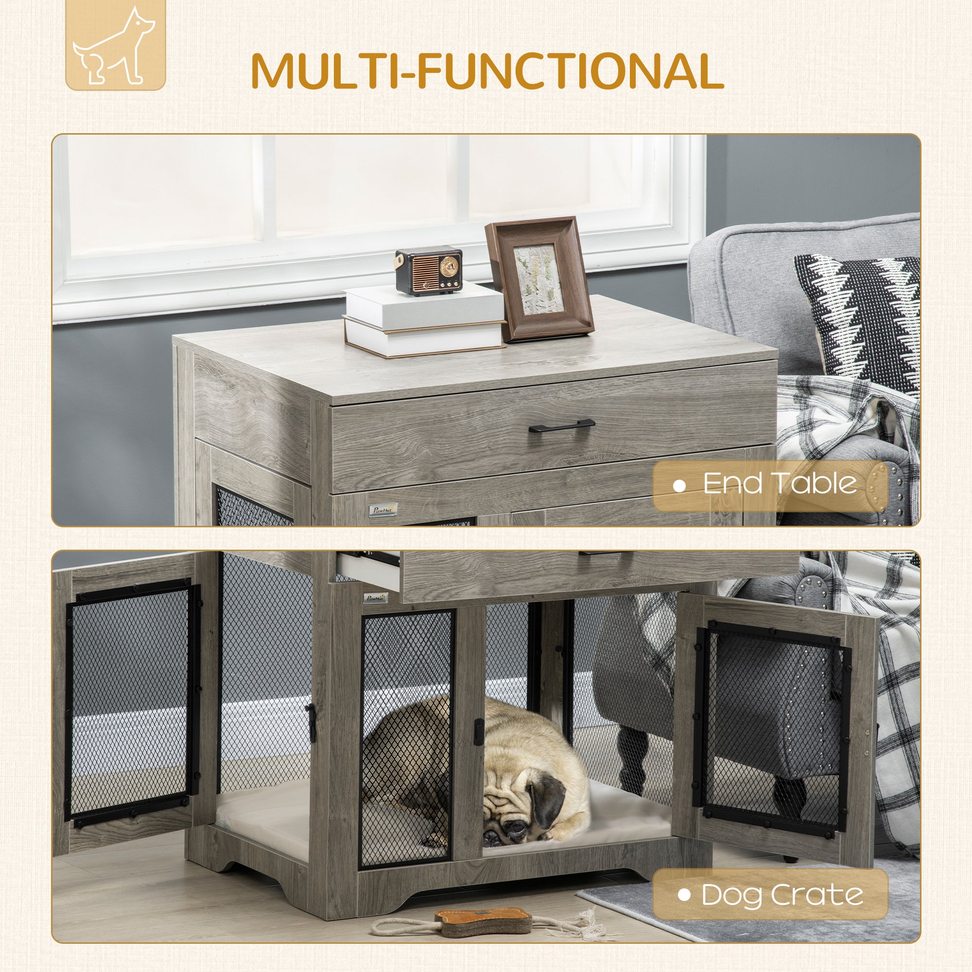 Dog Crate Furniture with Soft Water-Resistant Cushion, Drawer, for Small Dogs, Grey