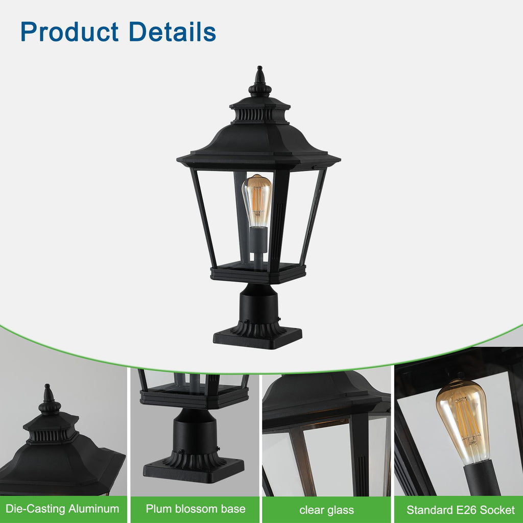 Outdoor Post Lantern Light with Pathway Lighting, Vintage Metal, Clear Glass Pillar Lamp for Garden, Gate, Driveway, 11" L x 11" W x 21" H, Black