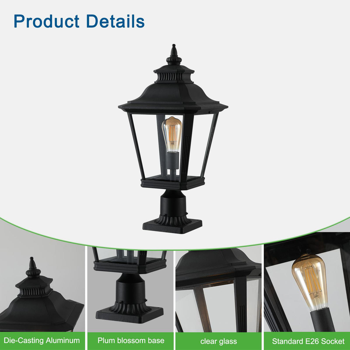 Outdoor Post Lantern Light with Pathway Lighting, Vintage Metal, Clear Glass Pillar Lamp for Garden, Gate, Driveway, 11" L x 11" W x 21" H, Black