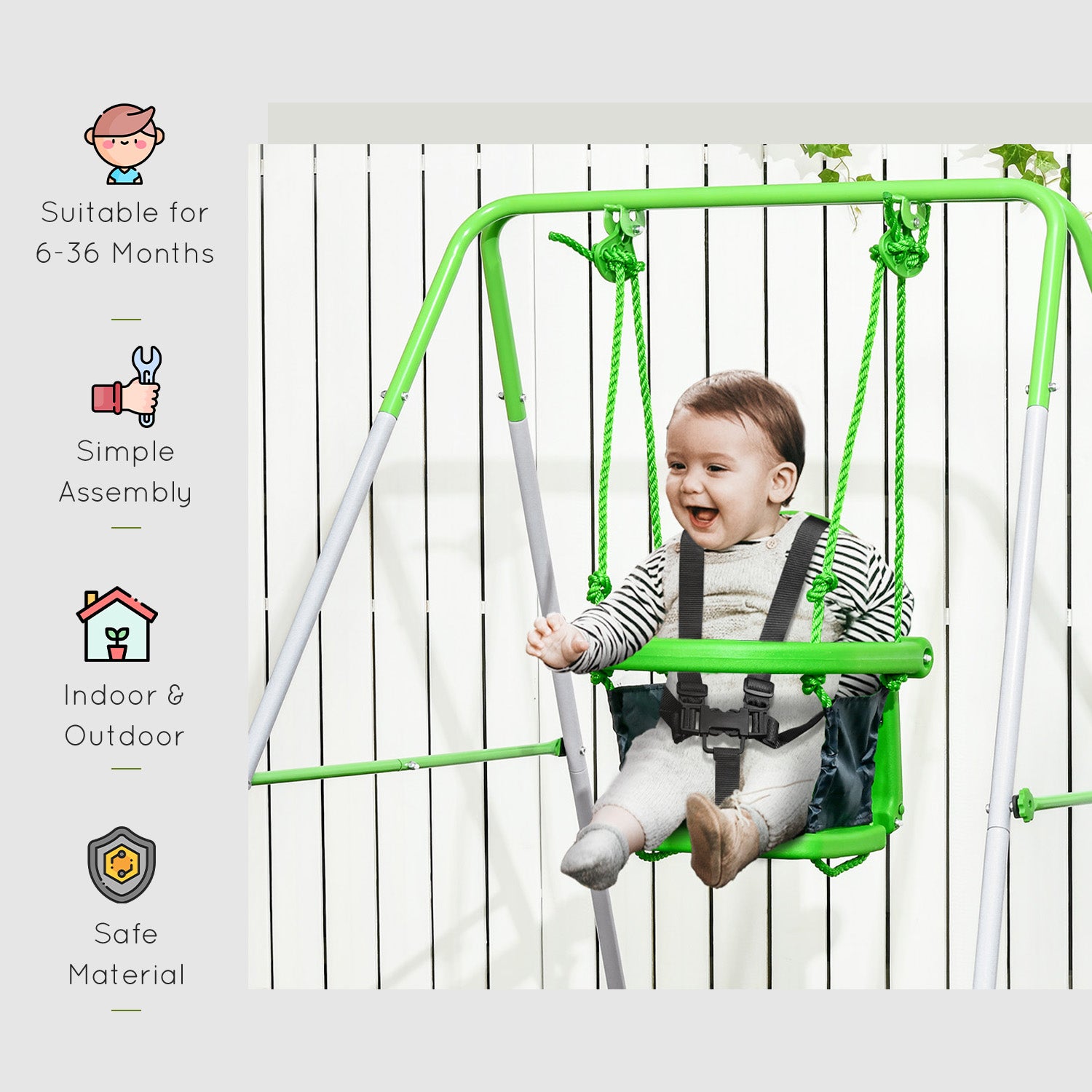 Toddler Swing Set with Metal Stand, Safety Seat Belt for Kids Aged 6-36 Months, Backyard Indoor & Outdoor Use, Green