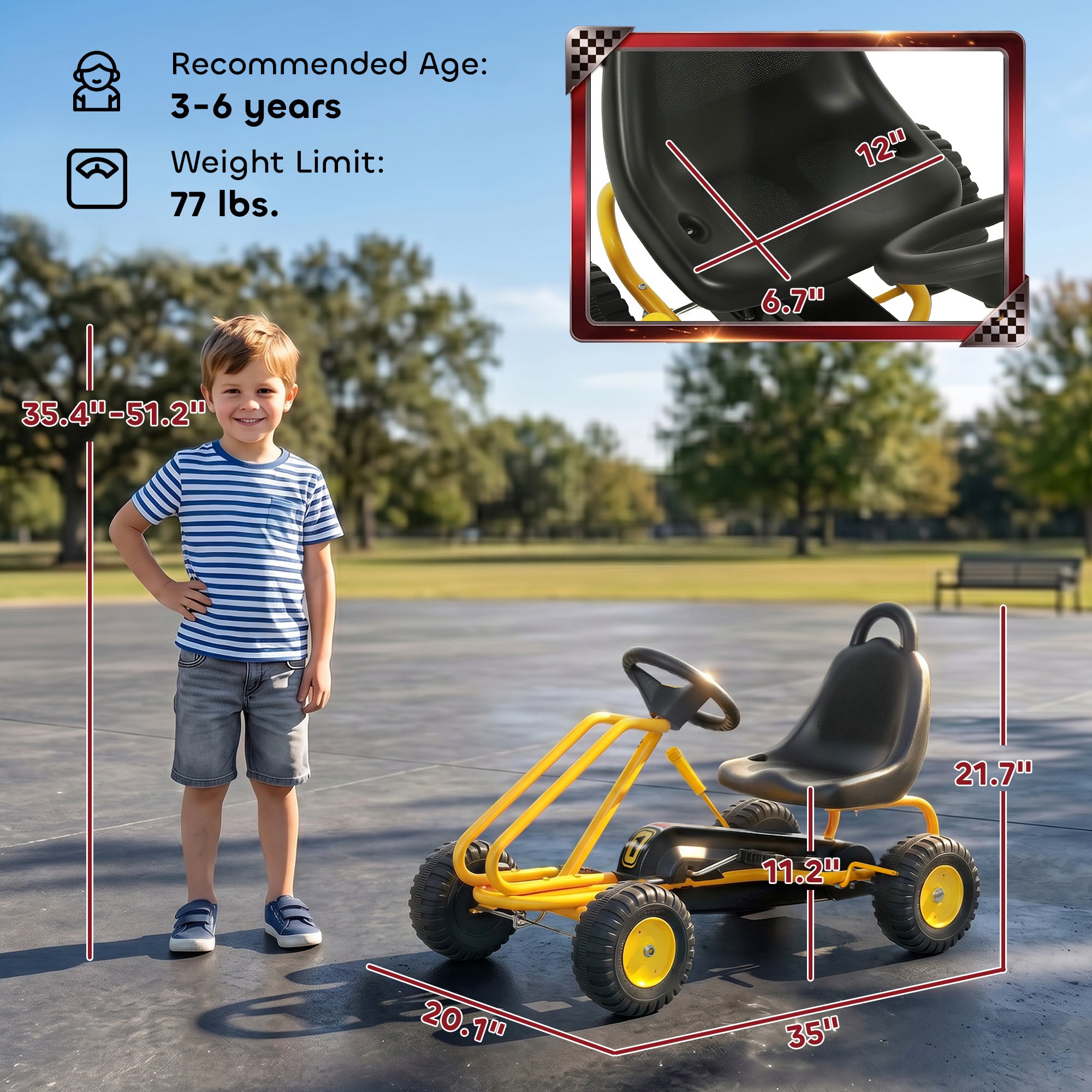 Go Kart for Kids, 4 Wheel Pedal Go Cart with Adjustable Seat, Safety Hand Brake for Boys Girls 3-6 Years, Yellow