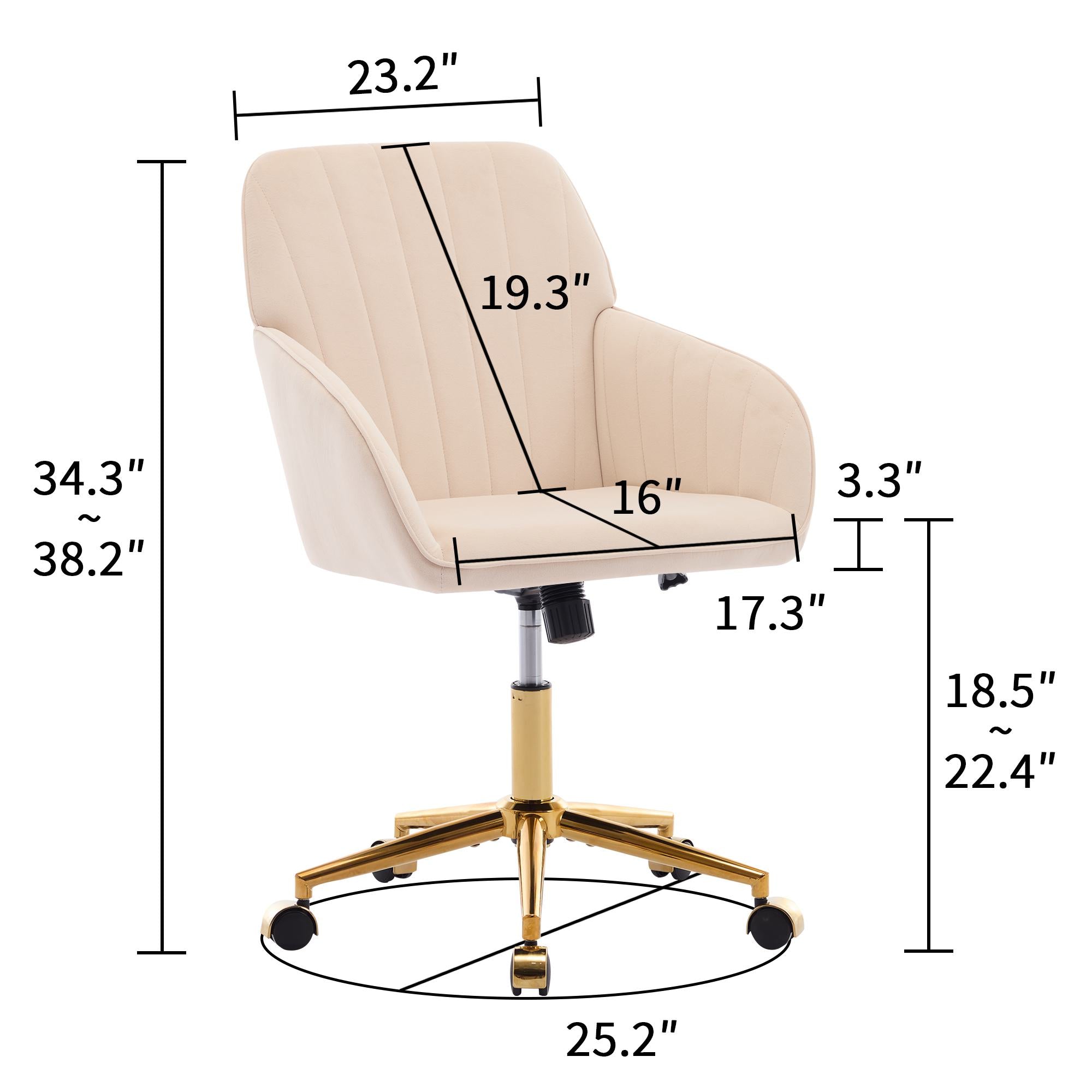 Adjustable Ergonomic Swivel Chair with Velvet Cushion and Golden Base, Office Chair, 25" L x 23" W x 38" H, khaki