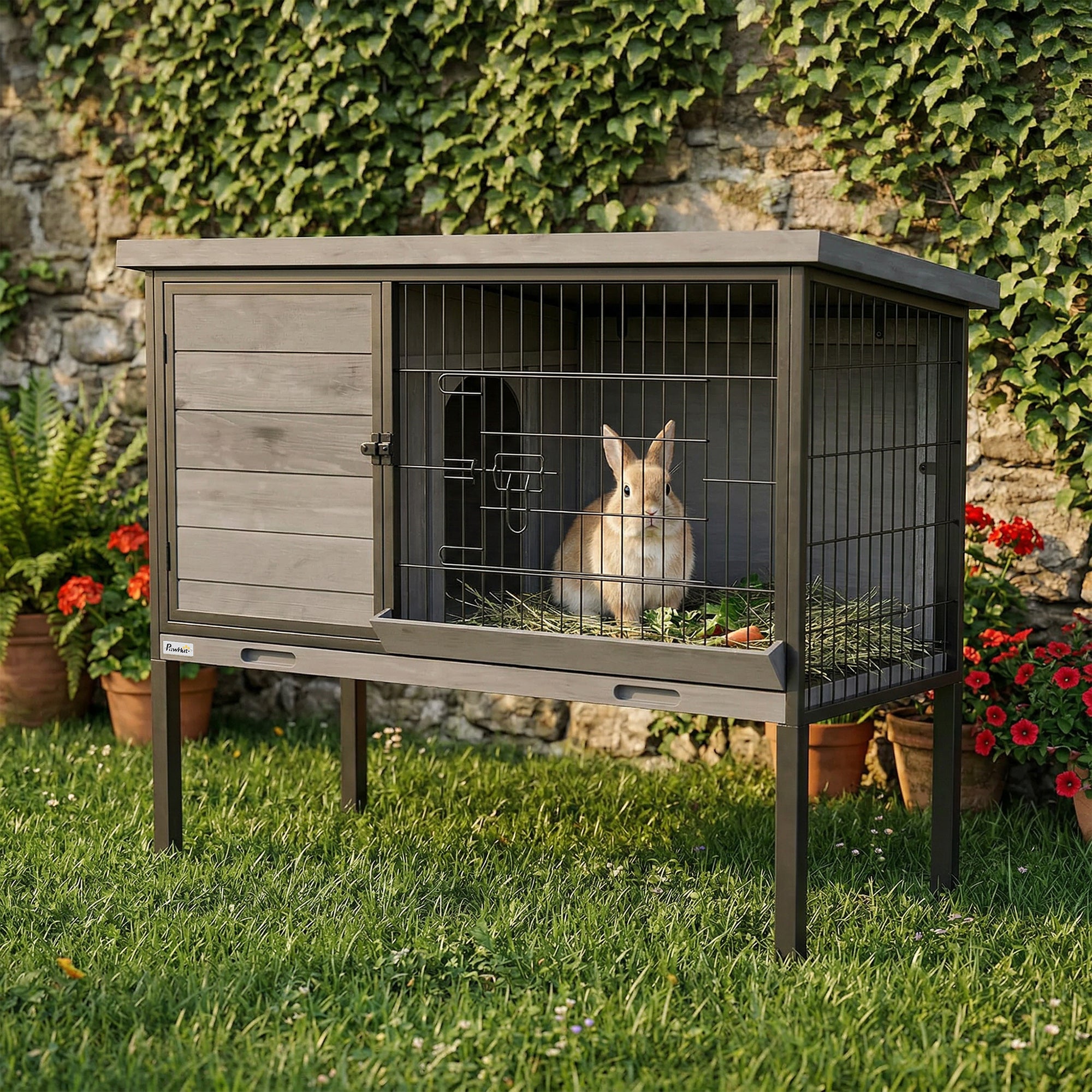 Elevated Rabbit Hutch Outdoor, Wooden Rabbit Cage Bunny House with Pull-out Tray and Openable Plastic Roof