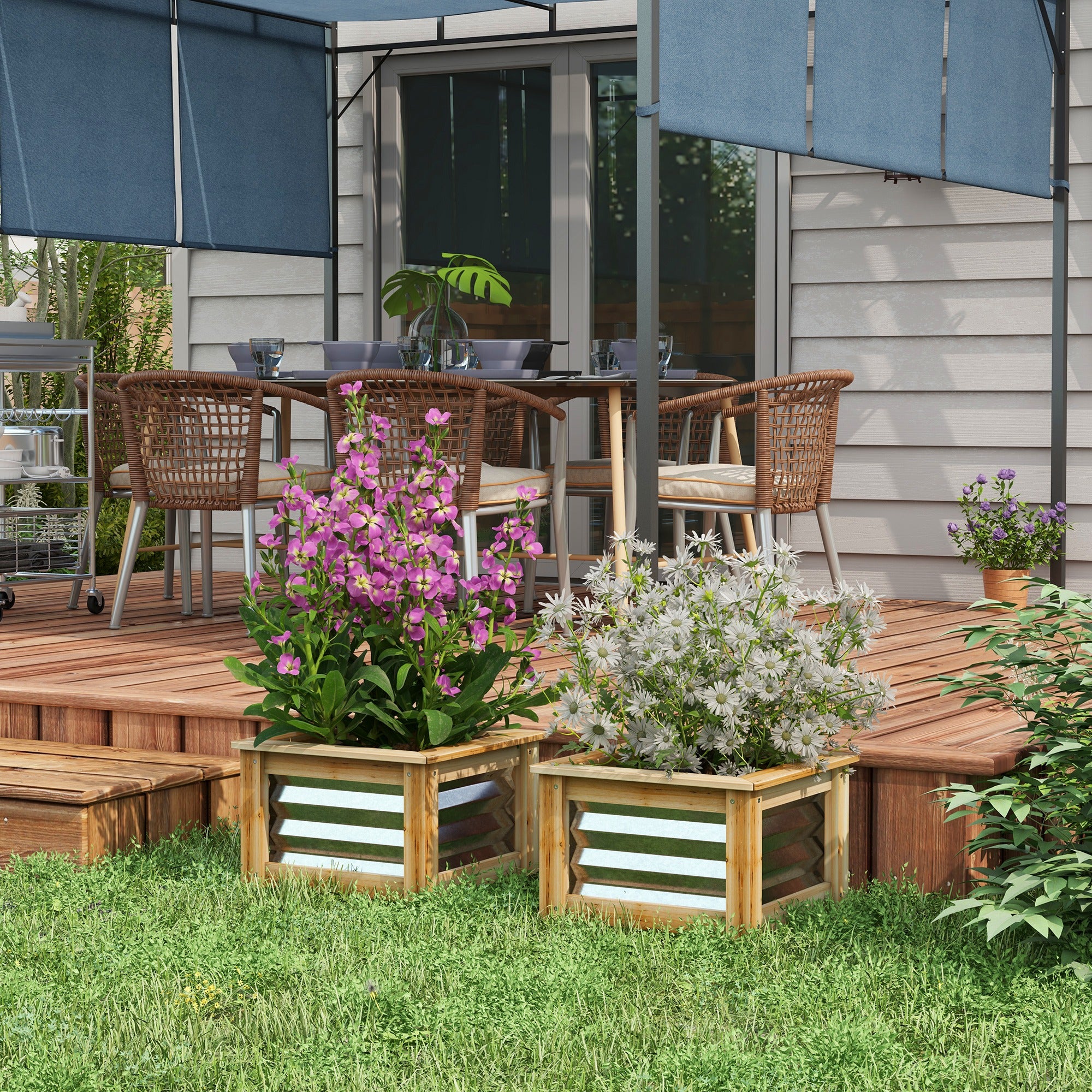 Raised Garden Beds Set of 2, Metal and Wood Combined Planter Box, for Growing Flowers, Herbs and Vegetables