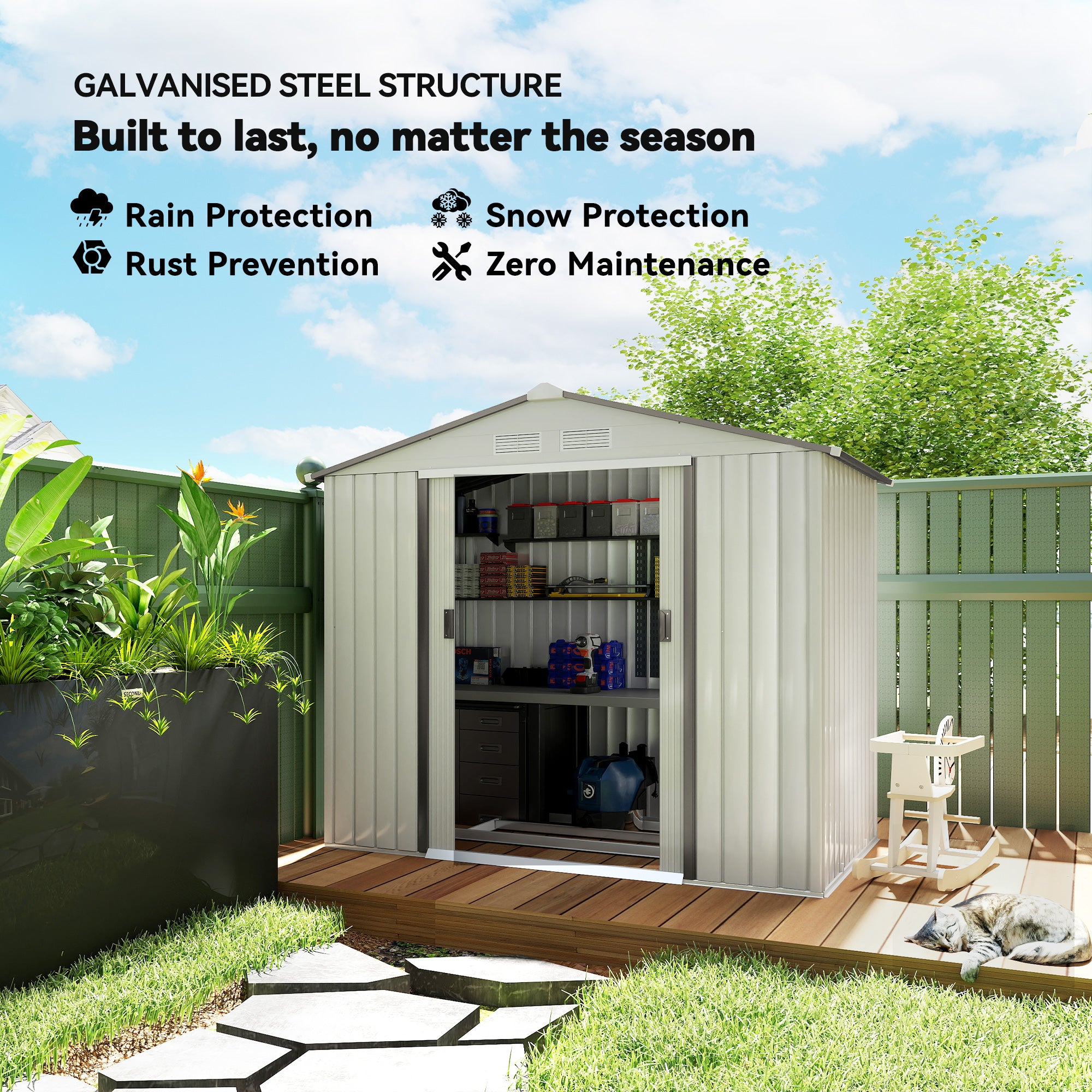 7x4 Garden Shed, Storage Shed with 4 Vents & 2 Sliding Doors, Garden Tool House for Backyard, Patio, Garage, Lawn,White