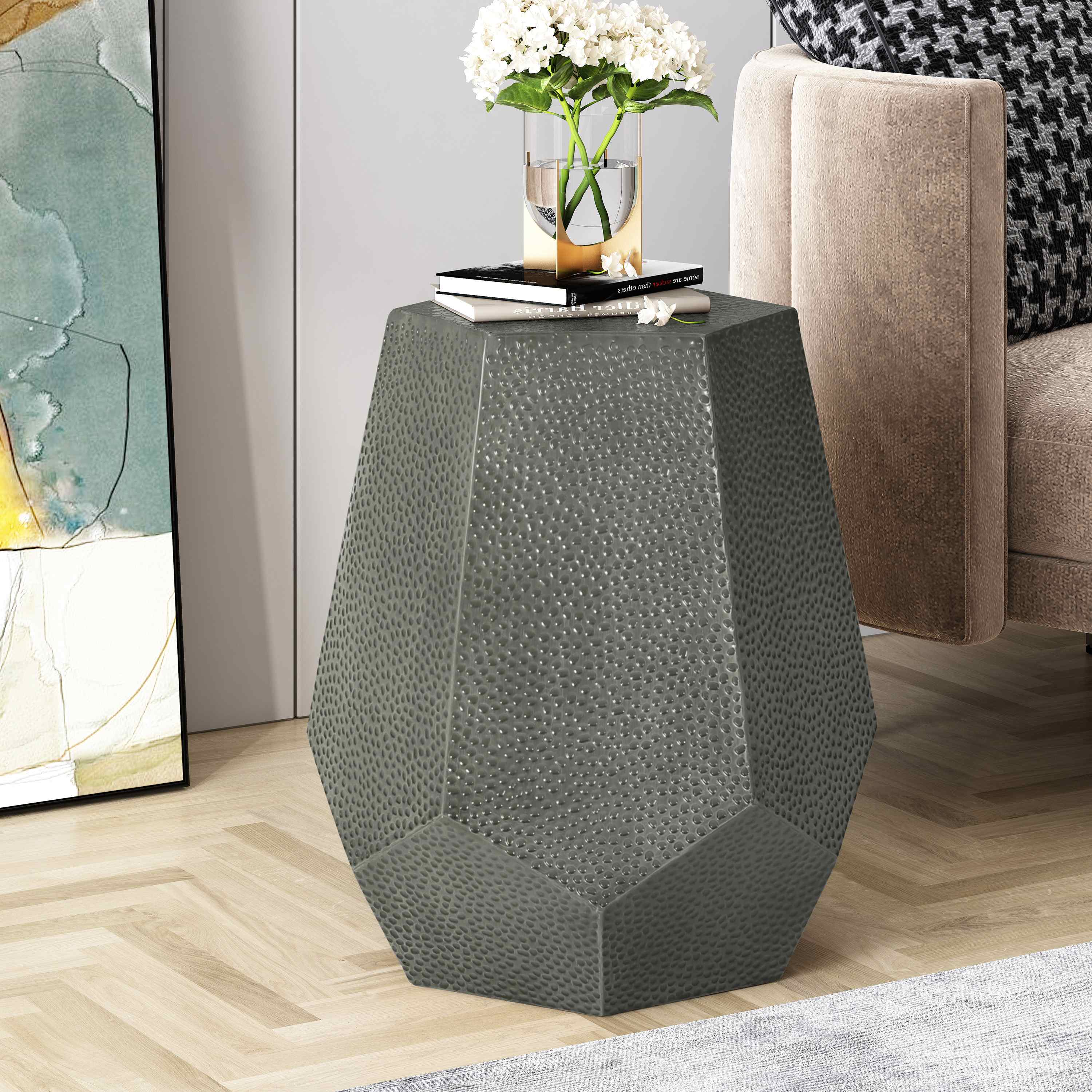 Modern Hammered Iron Geometric Side Table, No Assembly Required, 20.5" L x 19.5" W x 22.75" H, Antique Silver
