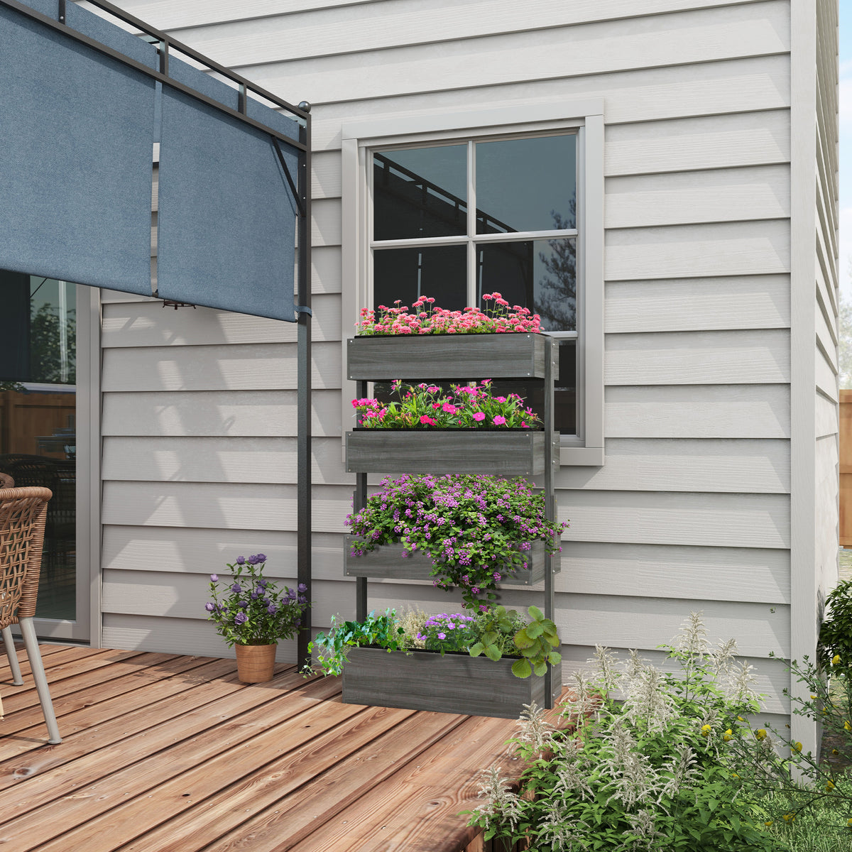 Outdoor Wooden Vertical Garden Planter, 4 Tier Planter Box, Self-Draining for Flowers, Vegetables, Herbs, Gray