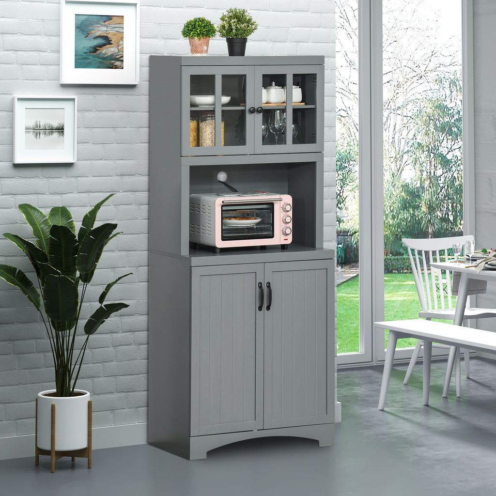 Storage Cabinet with Adjustable Shelves and Microwave Space, 70" Pantry Cabinet with Glass Framed Door, Gray