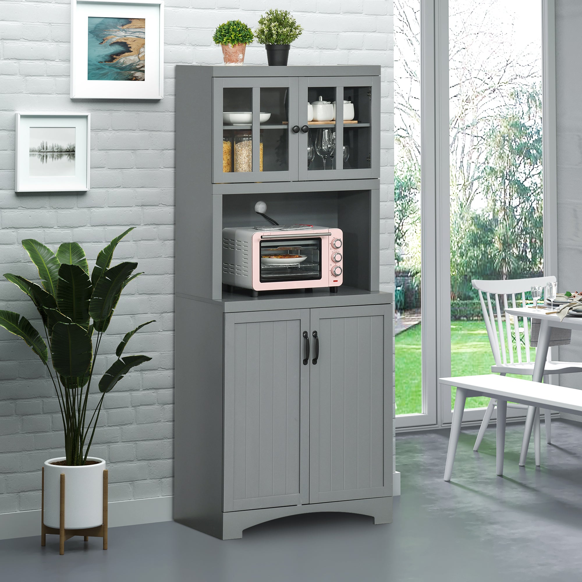 Storage Cabinet with Adjustable Shelves and Microwave Space, 70" Pantry Cabinet with Glass Framed Door, Gray