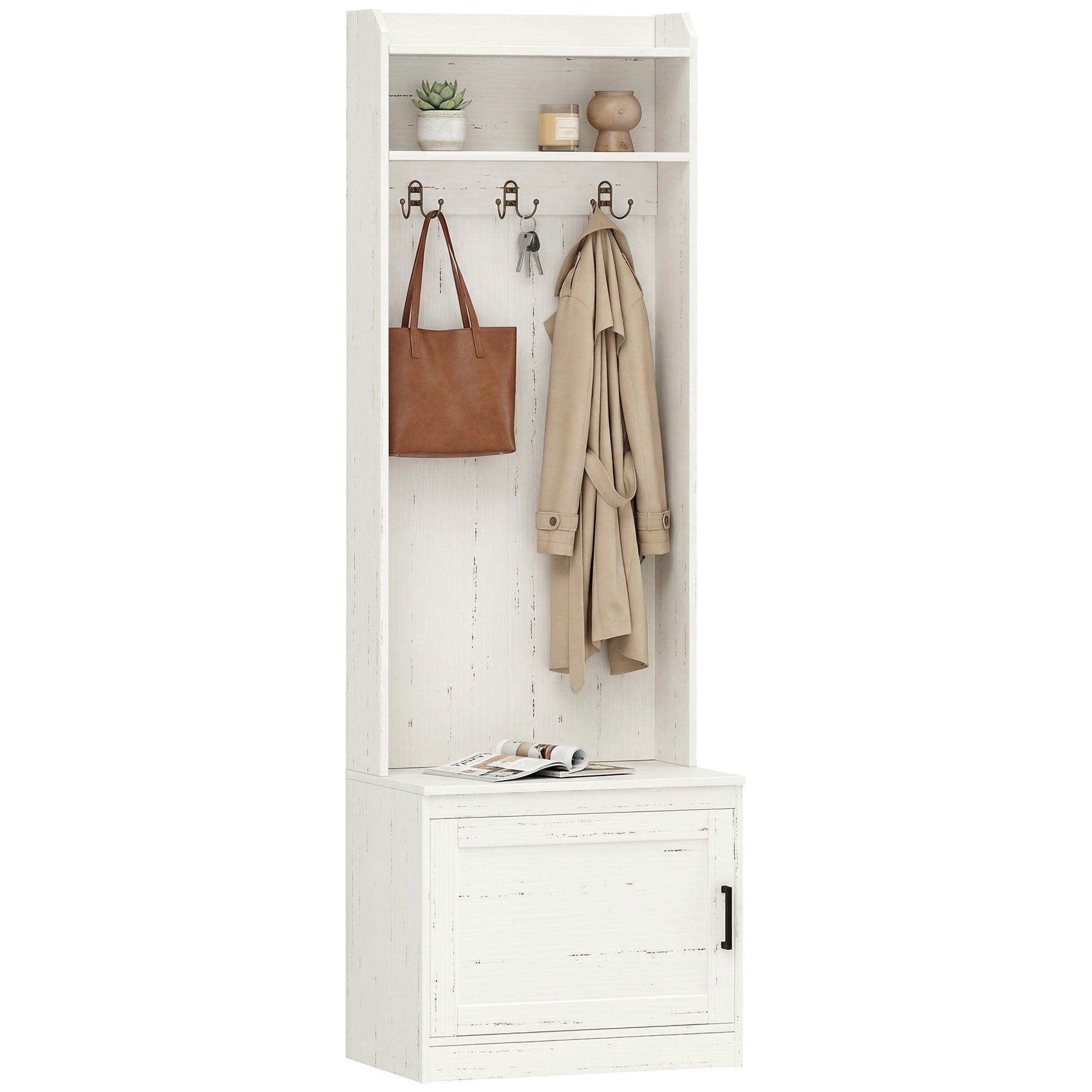 Narrow Hall Tree with Shoe Storage Bench, Rustic Entryway Bench with Coat Rack, Accent Coat Tree with Storage Shelves for Hallway, Mudroom, White Wood Grain